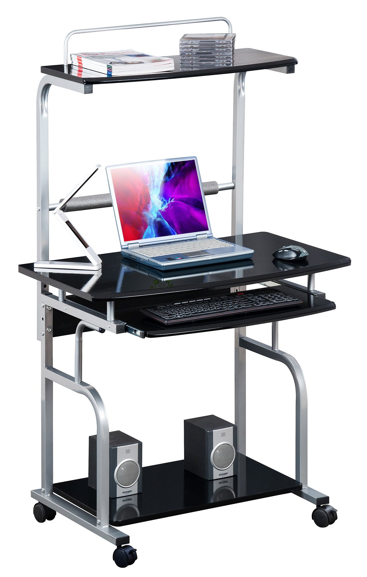 Scrivania Mobile per PC Stampante con Tastiera Estraibile Nero Lucido TECHLY - immagine 2
