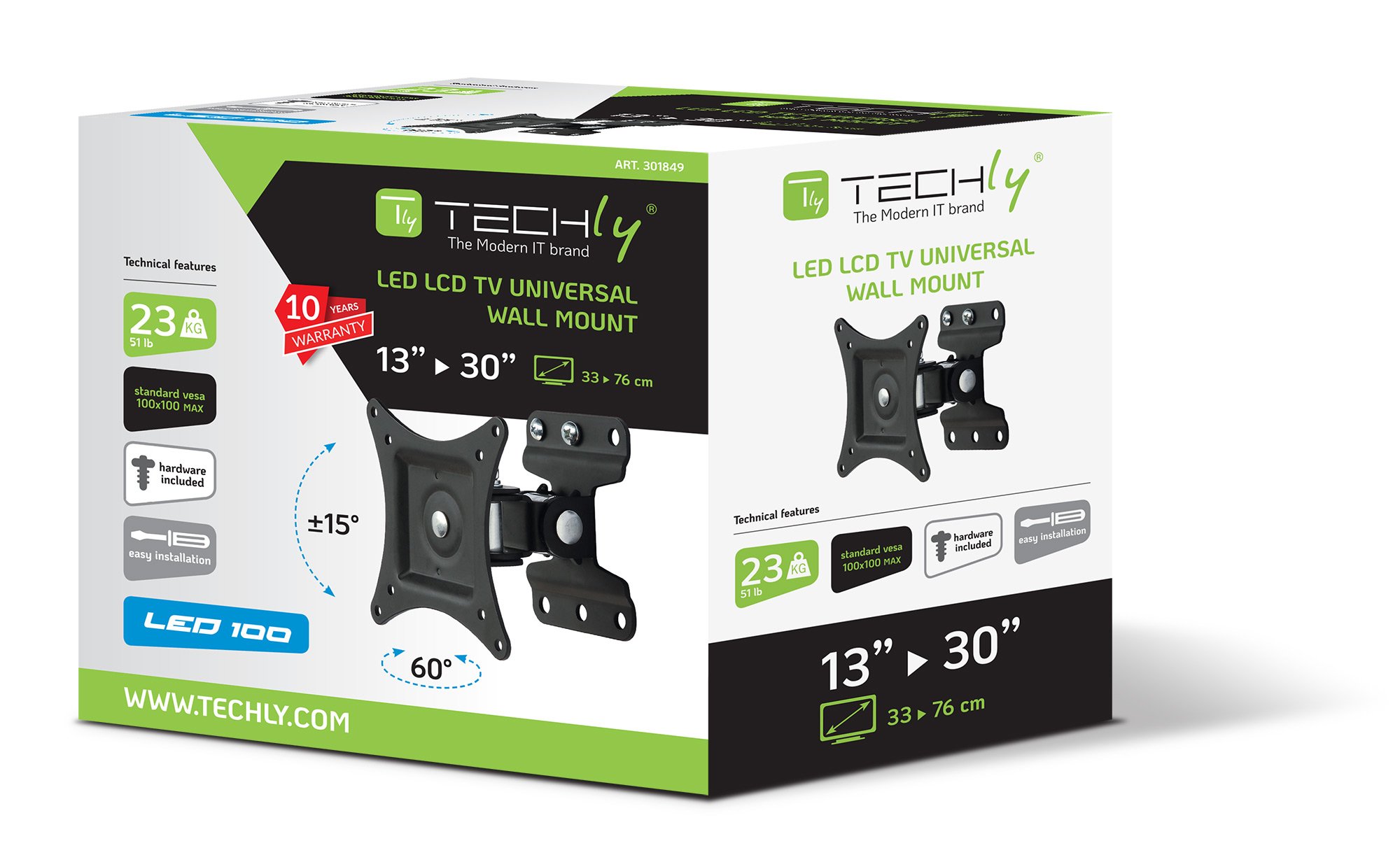 Supporto TV Nero 13''-30'': Montaggio a Muro Full Motion TECHLY - immagine 2