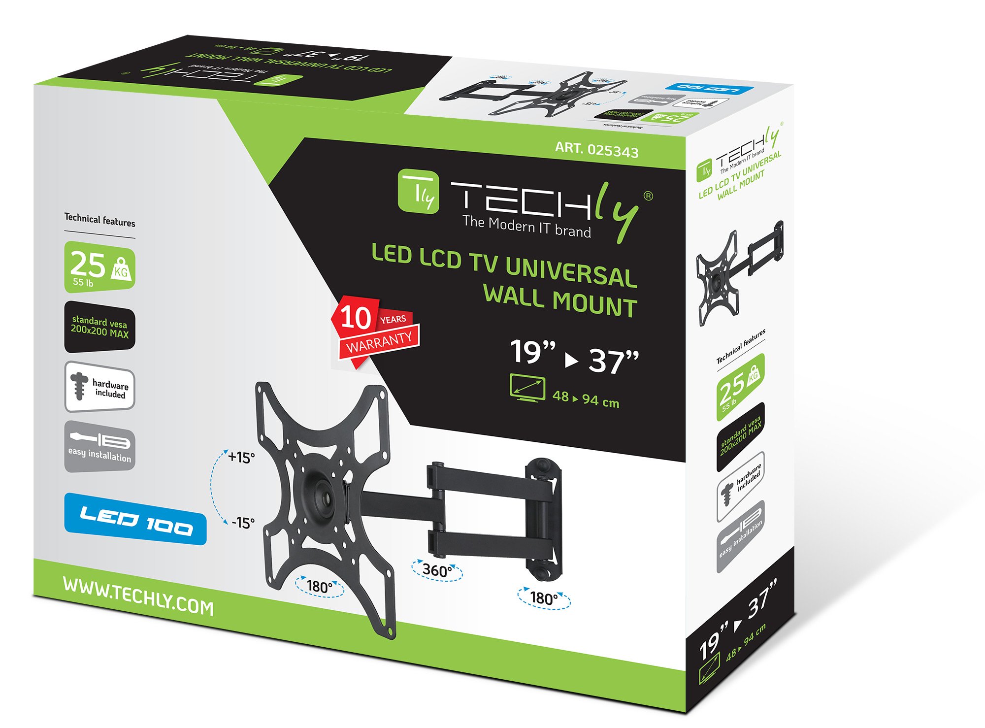 Supporto a Muro per TV LED LCD 19-37'' Full-Motion Nero TECHLY - immagine 2