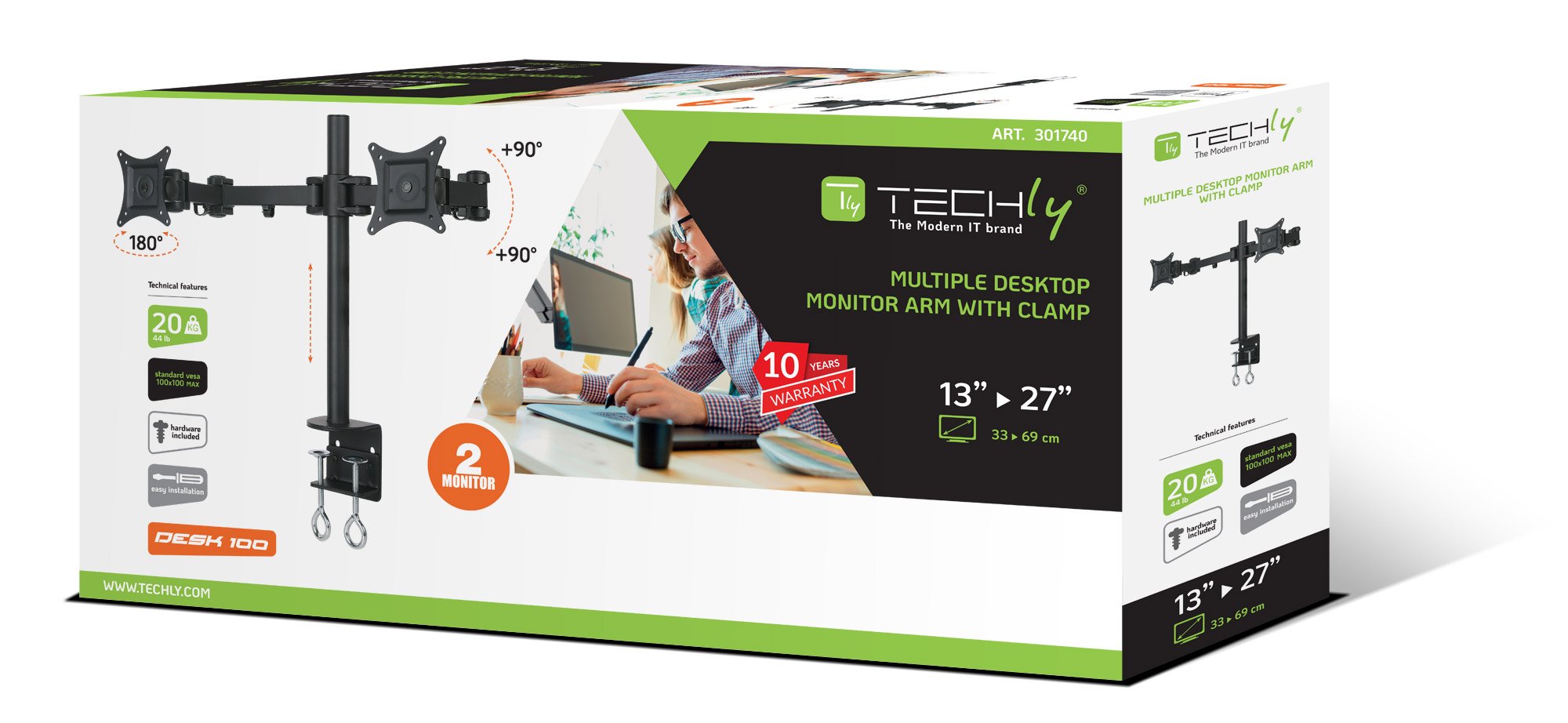Supporto Scrivania per 2 Monitor Regolabile - Diametro 48 mm TECHLY - immagine 2
