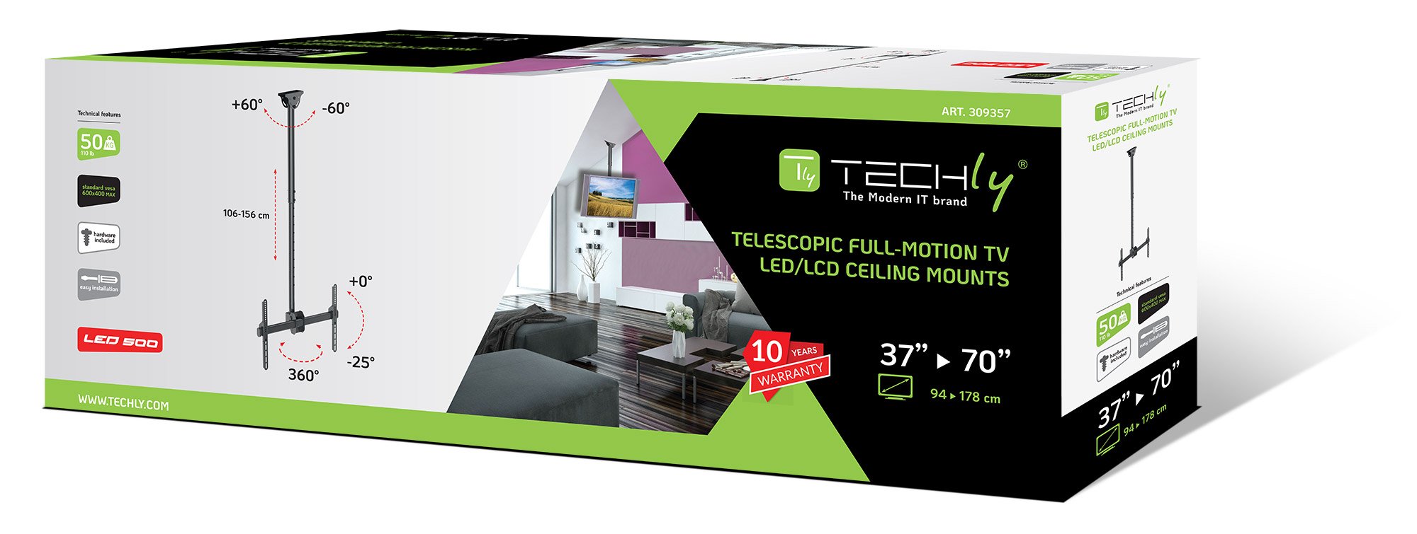 Supporto Telescopico Lungo a Soffitto per TV LED LCD 37-70'' TECHLY - immagine 2