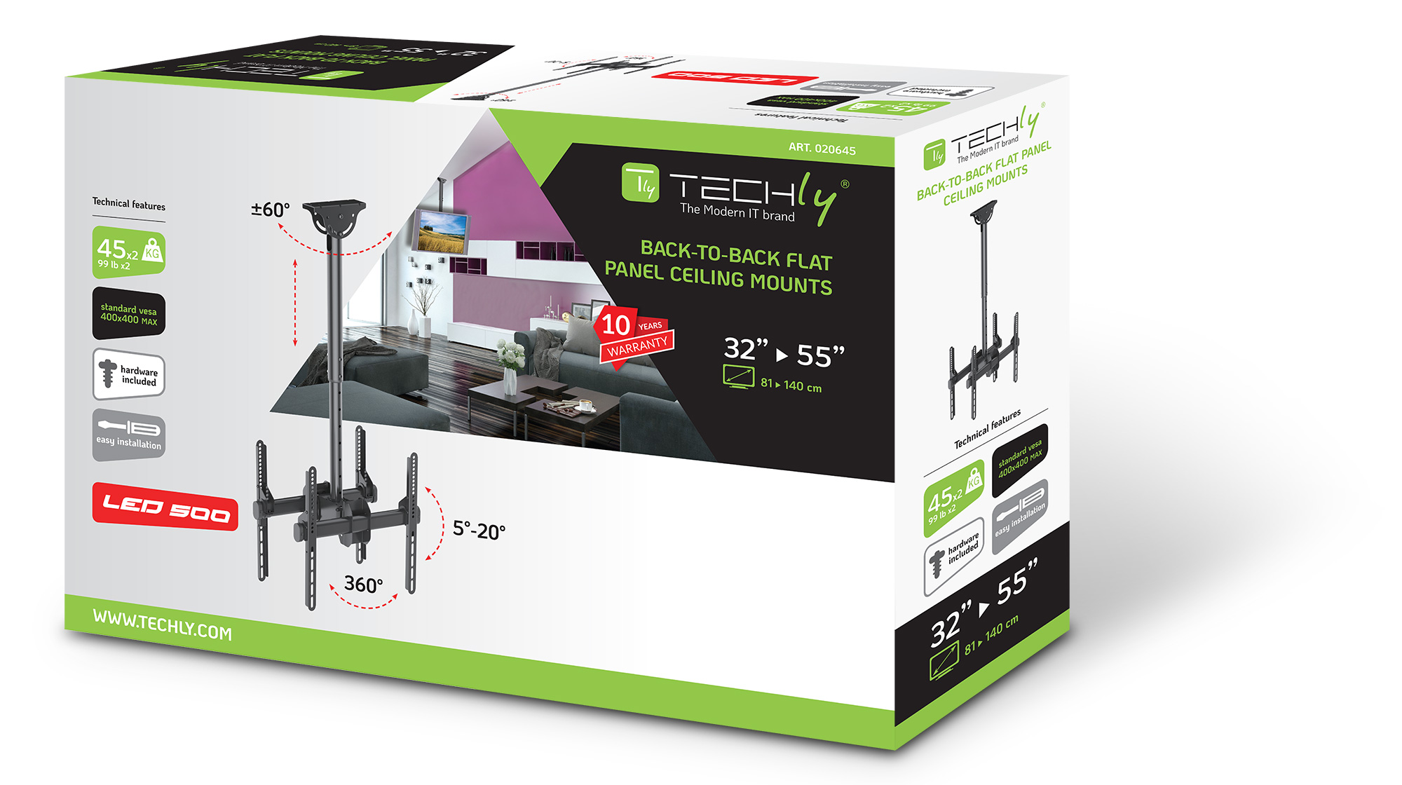 Supporto Telescopico Universale a Soffitto per 2 TV LED LCD 32-55'' TECHLY - immagine 2