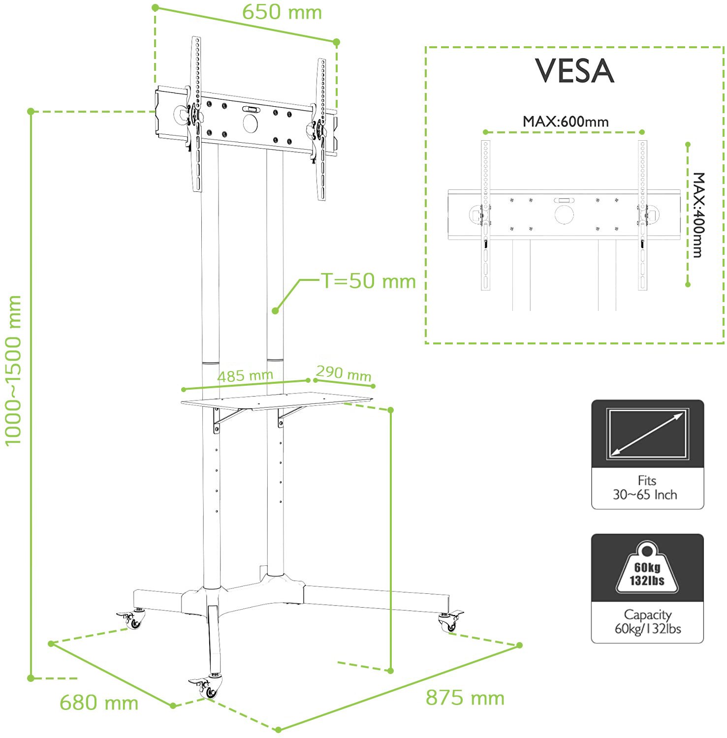 Carrello Supporto Pavimento Porta TV LCD/LED/Plasma 30''-65'' Mensola TECHLY - immagine 3