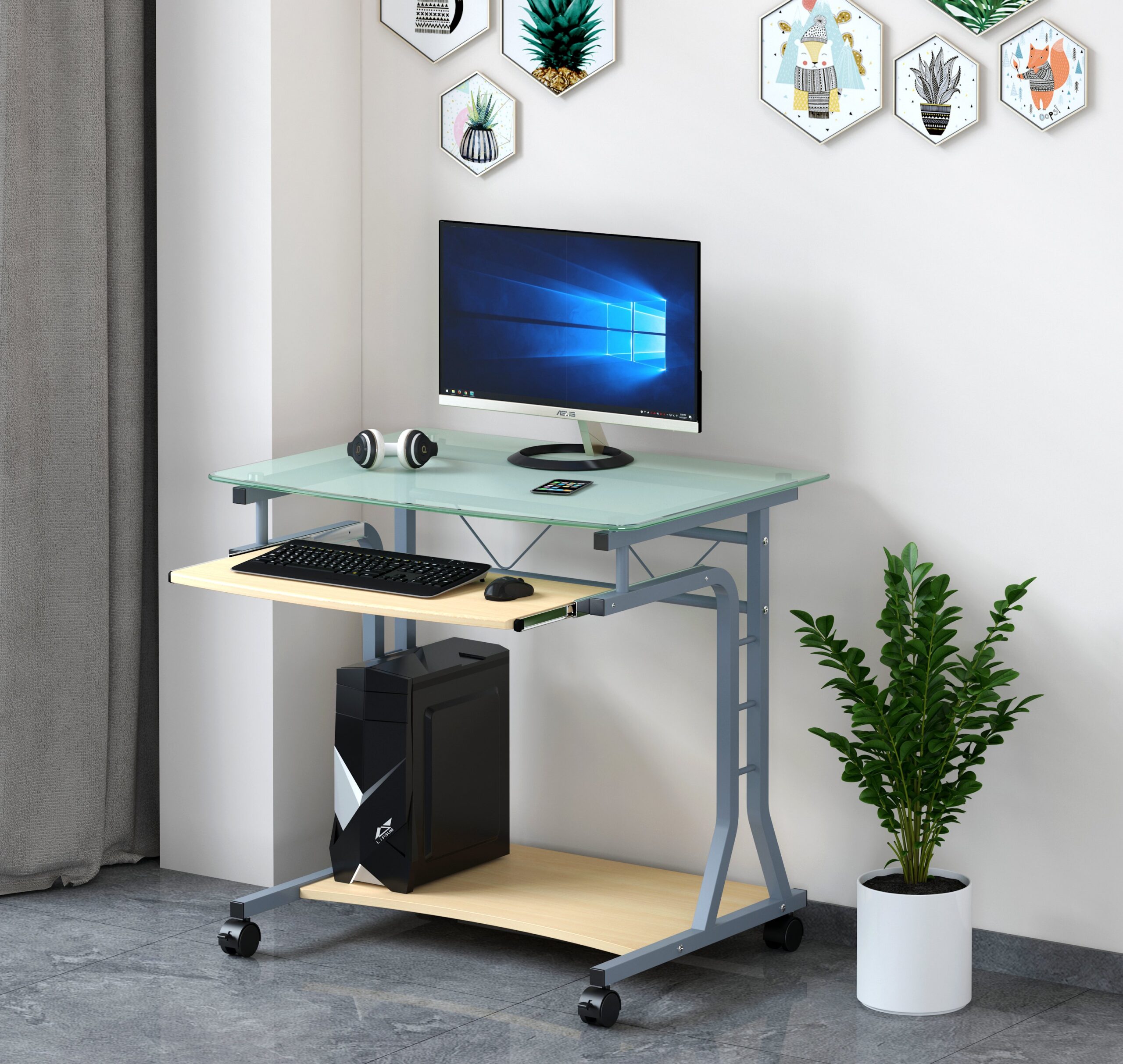 Scrivania per PC Compatta in Metallo e Vetro con Ruote TECHLY - immagine 4