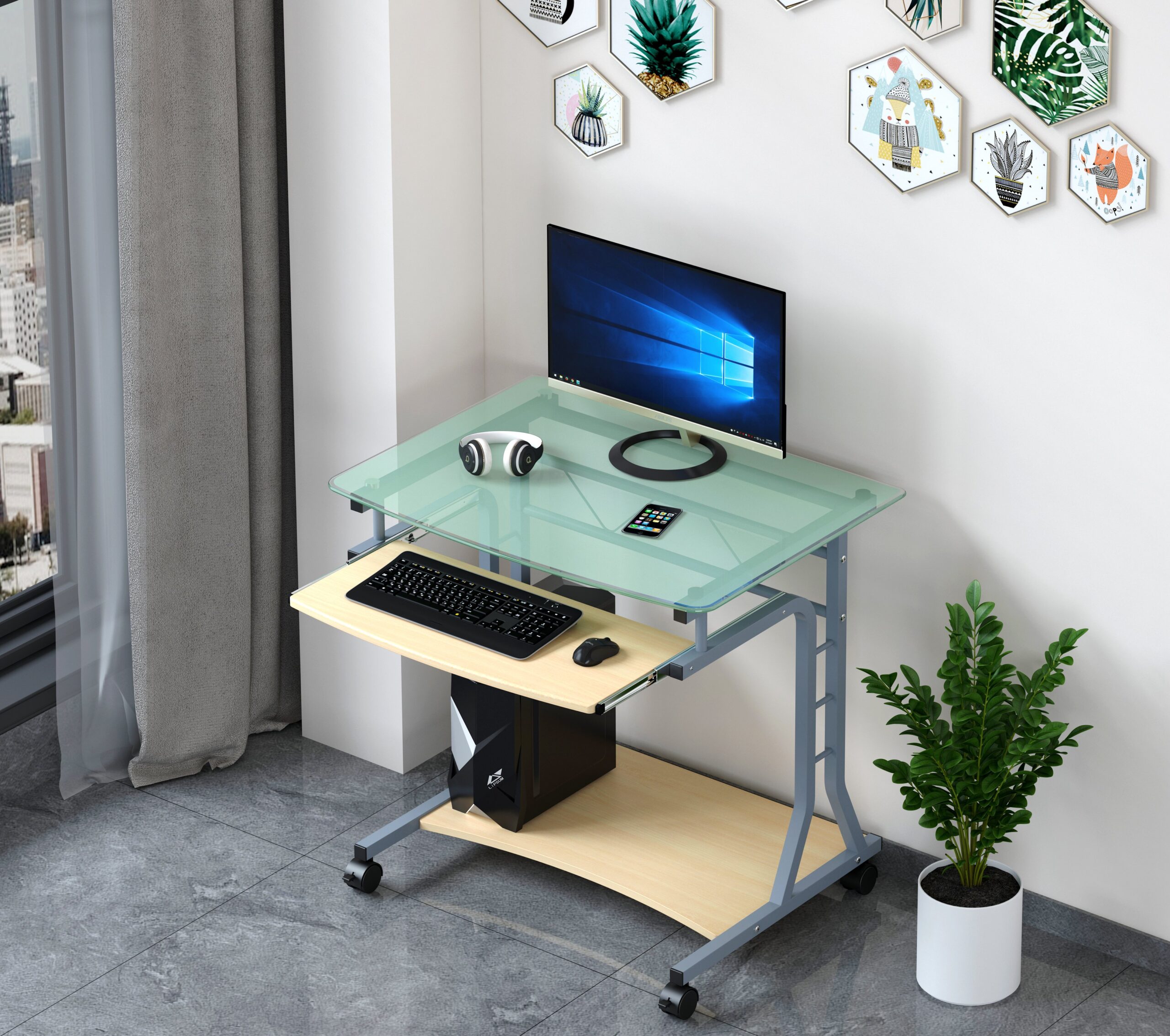 Scrivania per PC Compatta in Metallo e Vetro con Ruote TECHLY - immagine 5