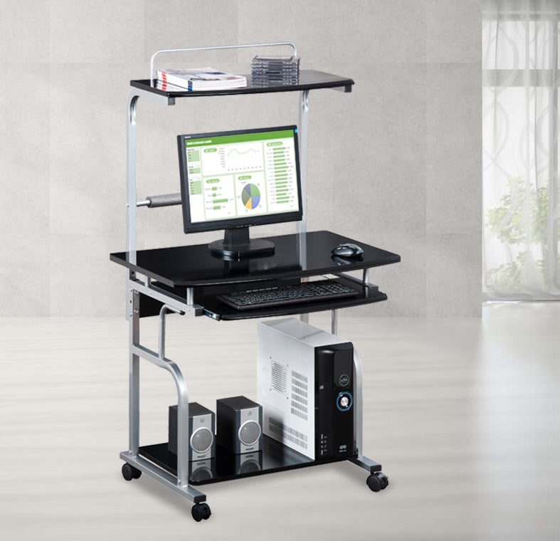 Scrivania Mobile per PC Stampante con Tastiera Estraibile Nero Lucido TECHLY - immagine 5