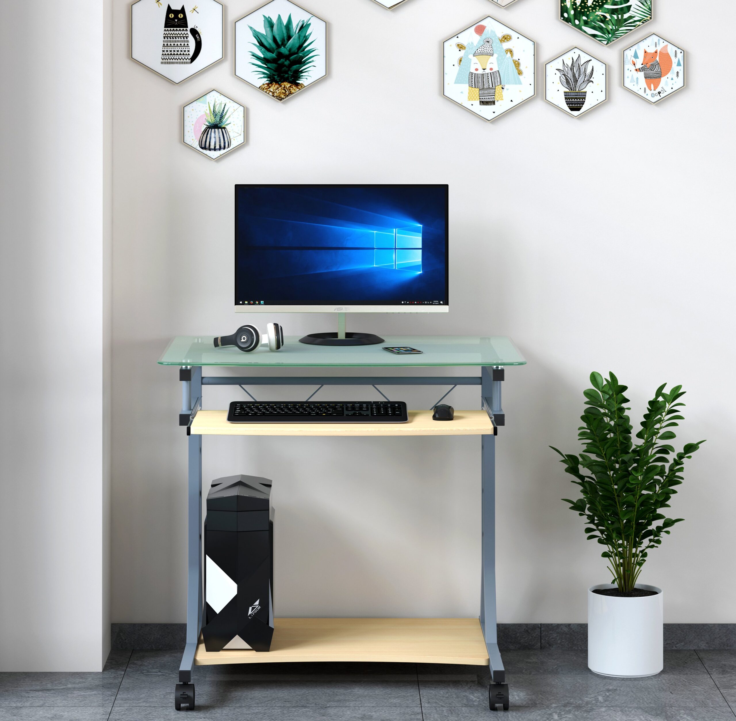 Scrivania per PC Compatta in Metallo e Vetro con Ruote TECHLY - immagine 6