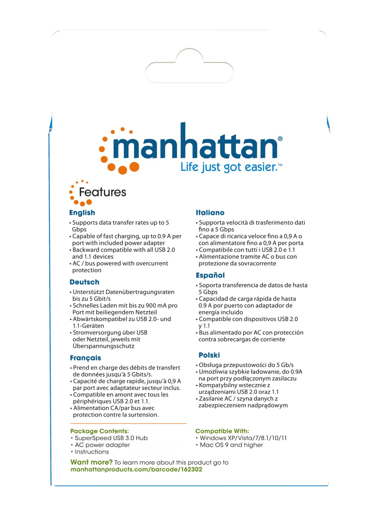 Hub USB 3.0 4 Porte con Alimentatore 5V 3A Nero MANHATTAN - immagine 9