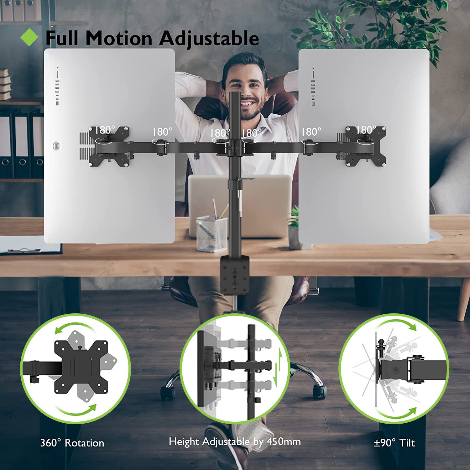 Supporto da Scrivania per 2 Monitor 13-27'' Installazione con Morsetto o Vite Passante TECHLY - immagine 9