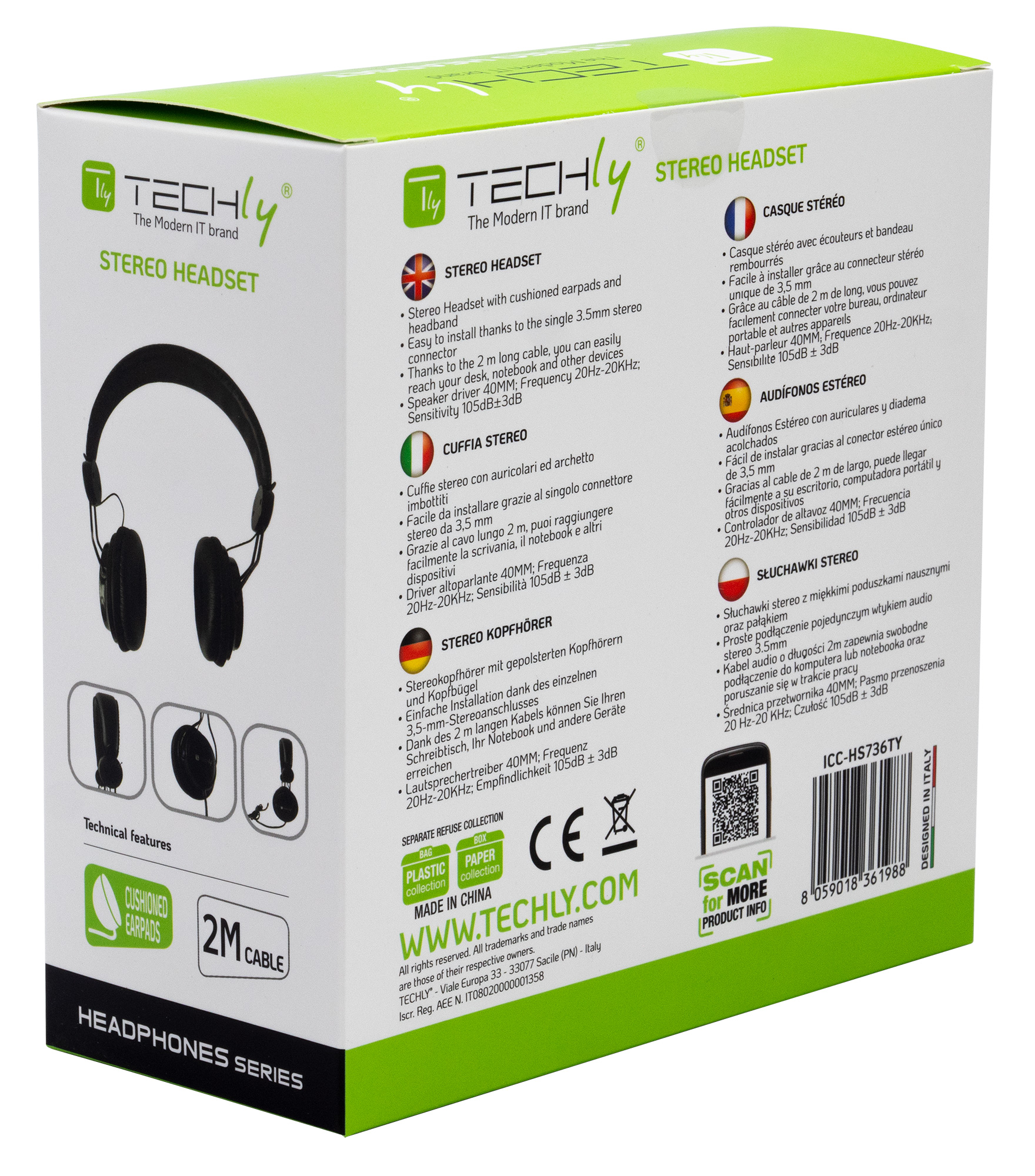 Cuffia Stereo con Auricolari ed Archetto Imbottiti TECHLY - immagine 10