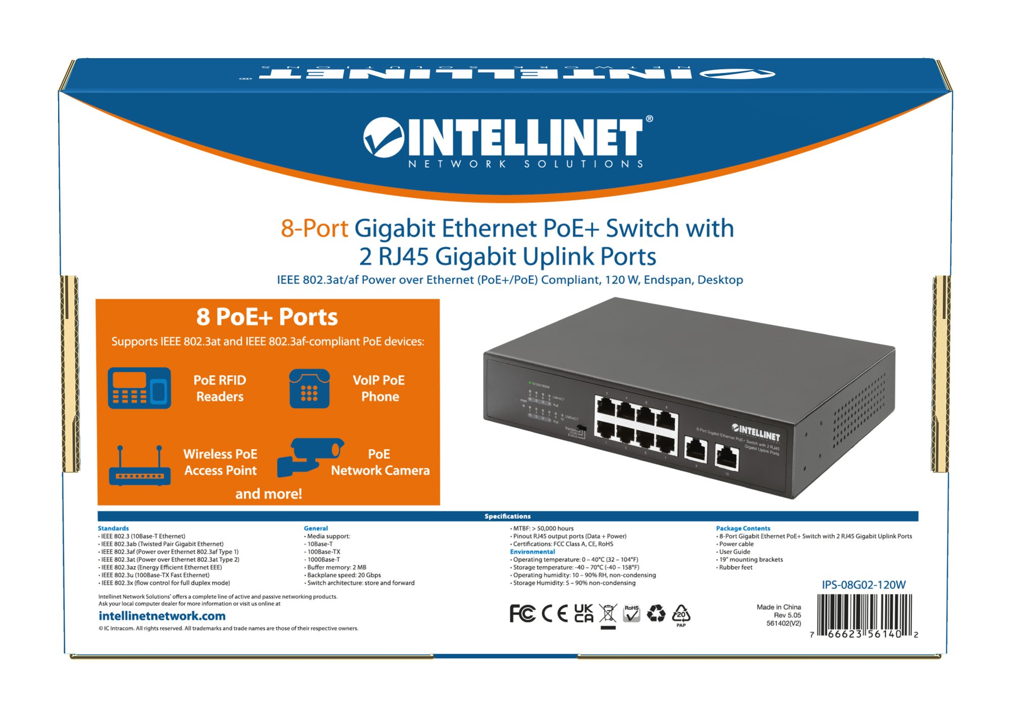 Switch Ethernet Gigabit 8 Porte PoE+ con 2 porte RJ45 Gigabit Uplink INTELLINET - immagine 9