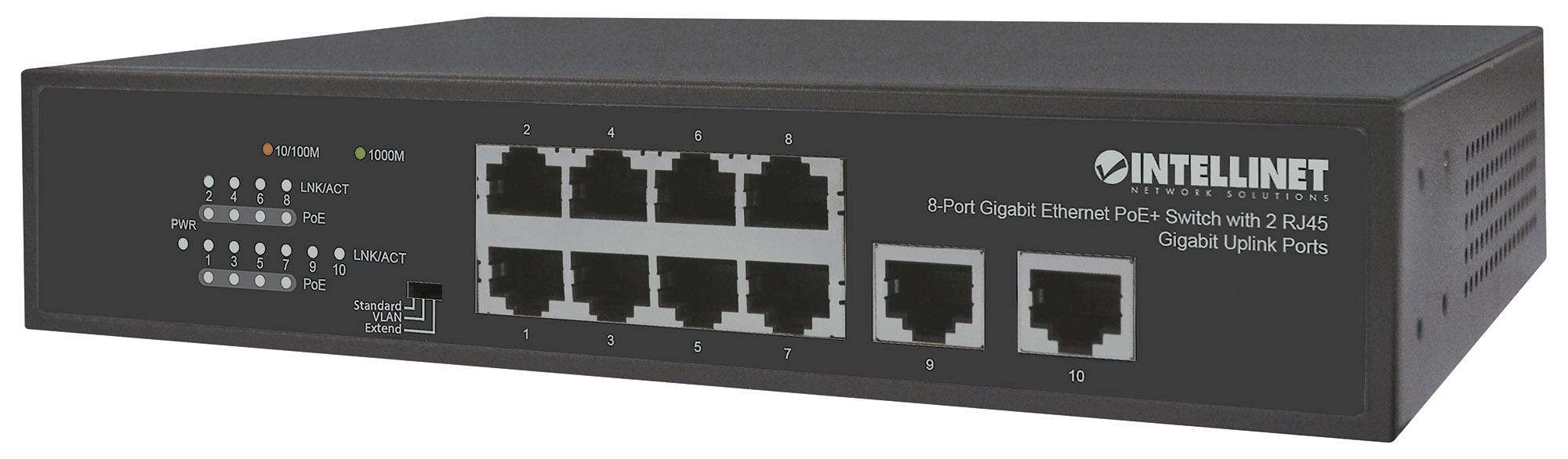 Switch Ethernet Gigabit 8 Porte PoE+ con 2 porte RJ45 Gigabit Uplink INTELLINET