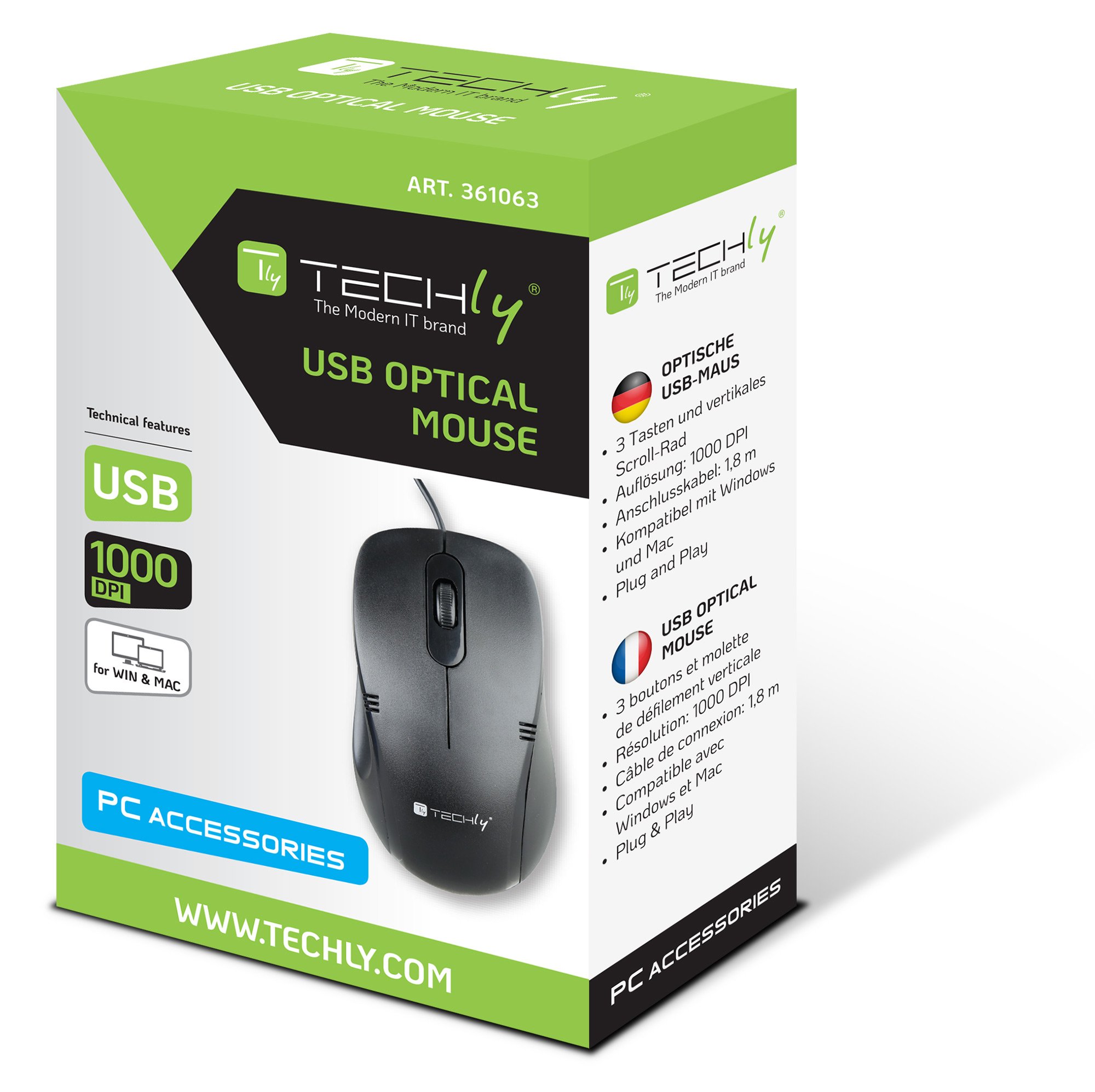 Mouse Ottico Standard USB 1000dpi Nero TECHLY - immagine 2