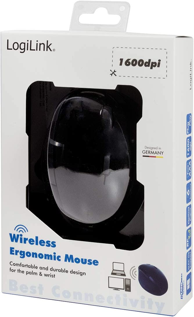 Mouse Ottico Ergonomico Wireless 1600dpi Nero LOGILINK - immagine 2
