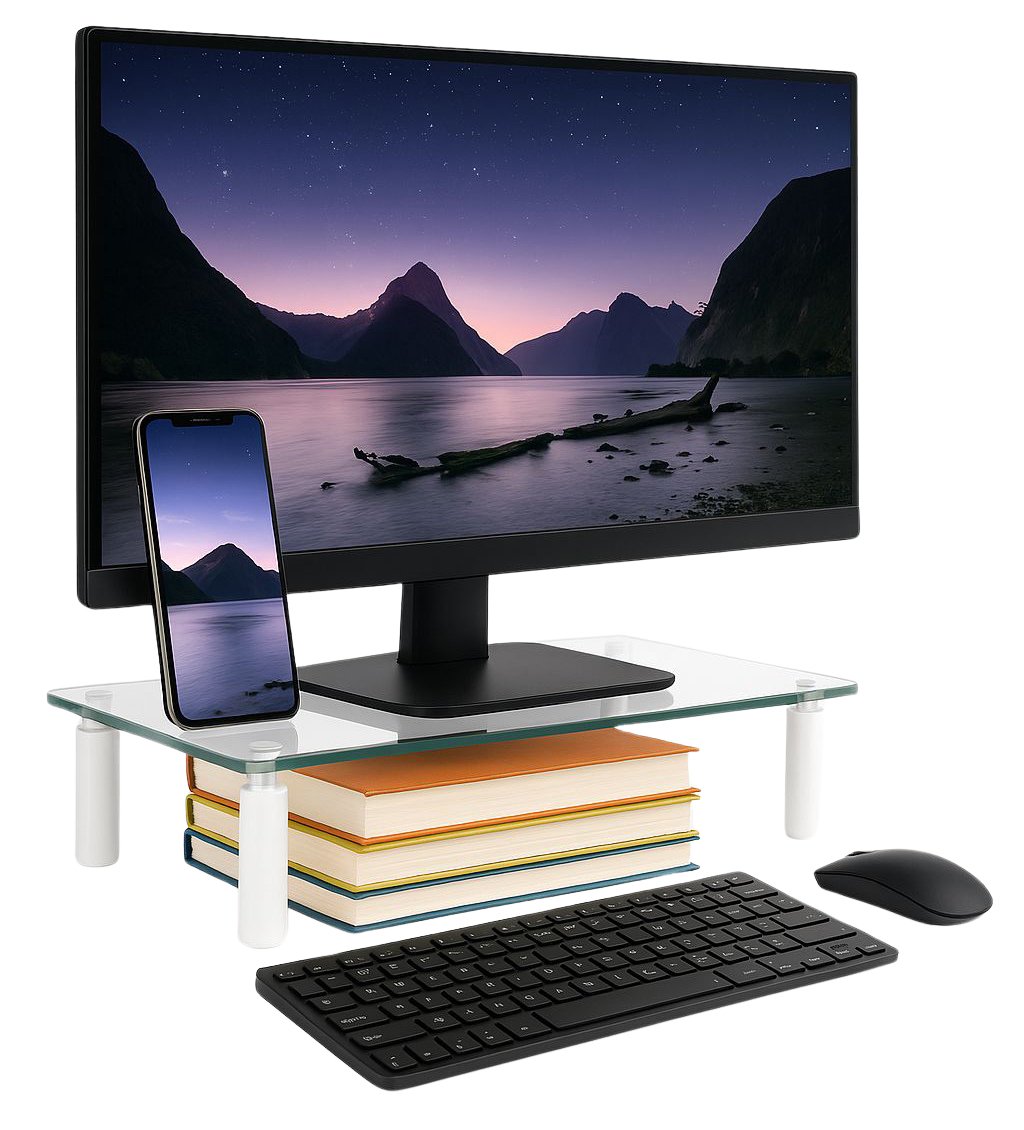 Stand da Scrivania Regolabile Vetro Trasparente per Monitor Notebook TECHLY