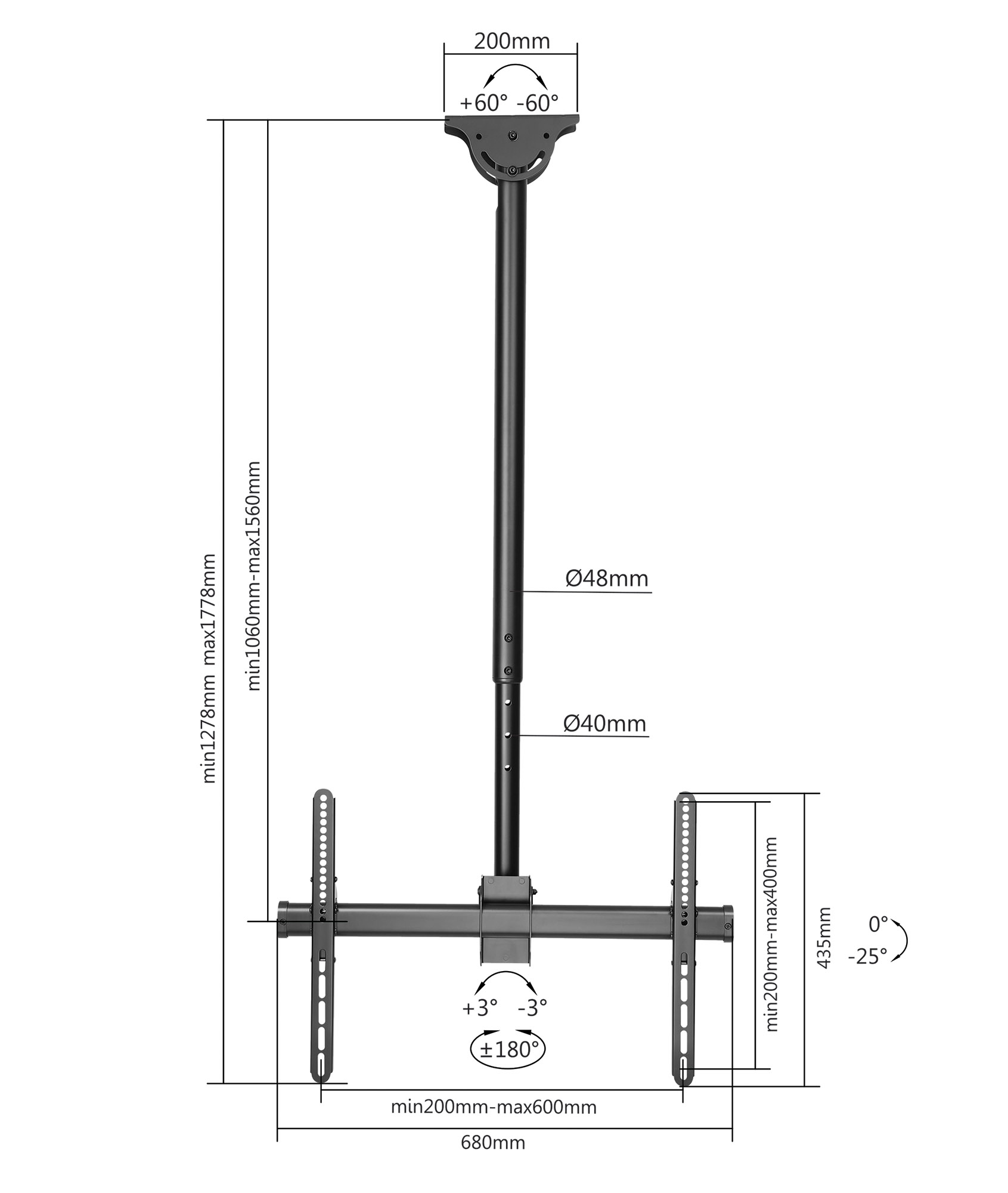 Supporto TV 37''-70'' da Soffitto Altezza Regolabile Full-motion MANHATTAN - immagine 3