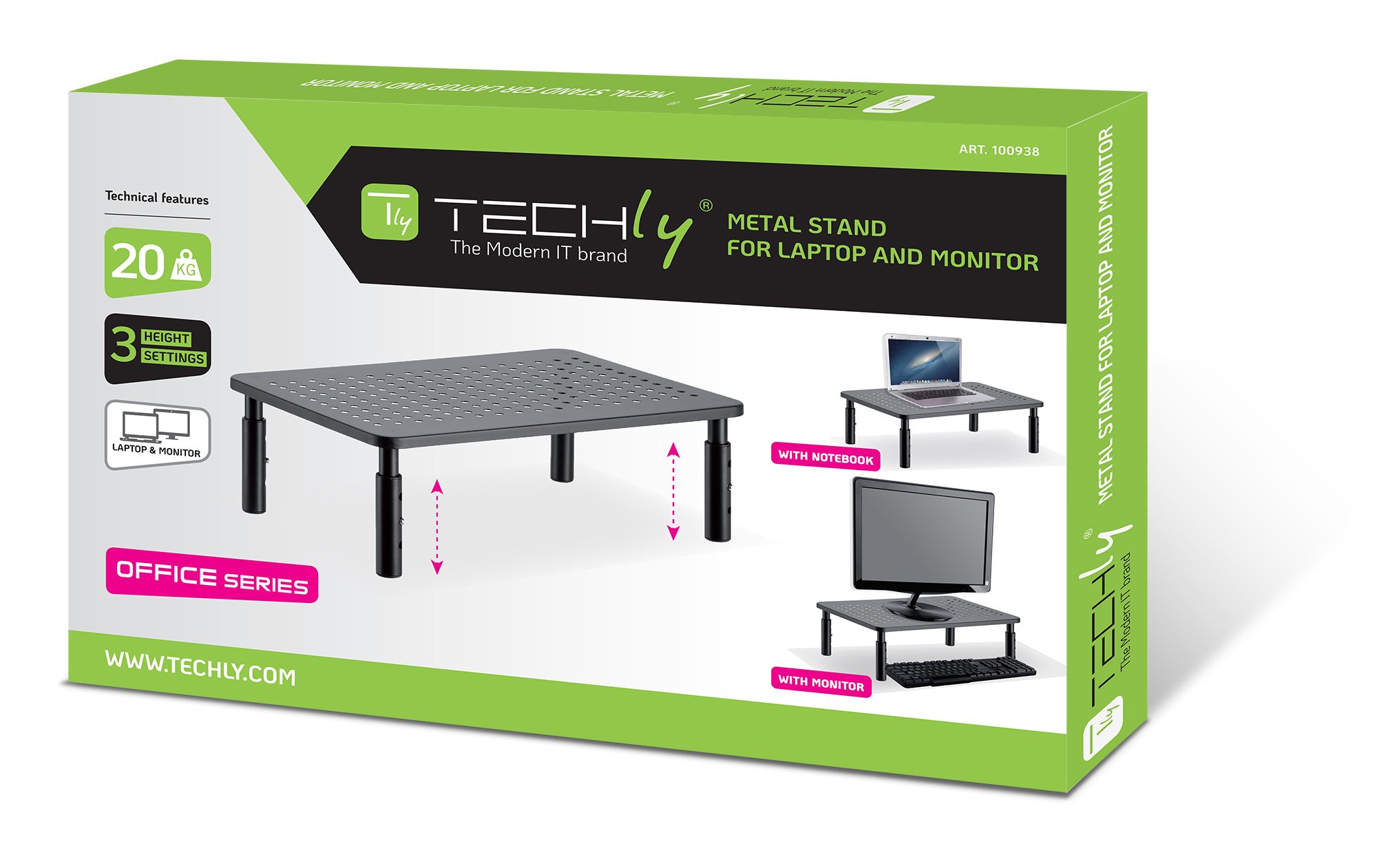 Supporto per Monitor Ergonomico Regolabile con 3 Altezze in Metallo Nero TECHLY - immagine 2