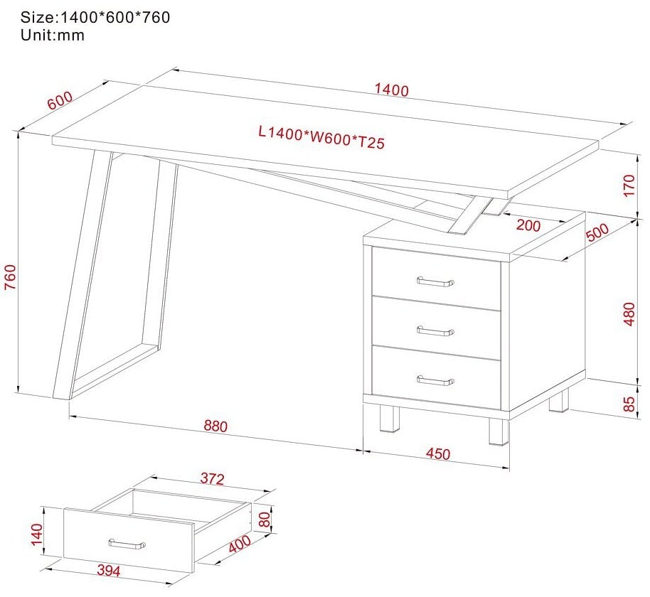 Scrivania per Computer con Tre Cassetti Bianco opaco effetto legno TECHLY - immagine 2