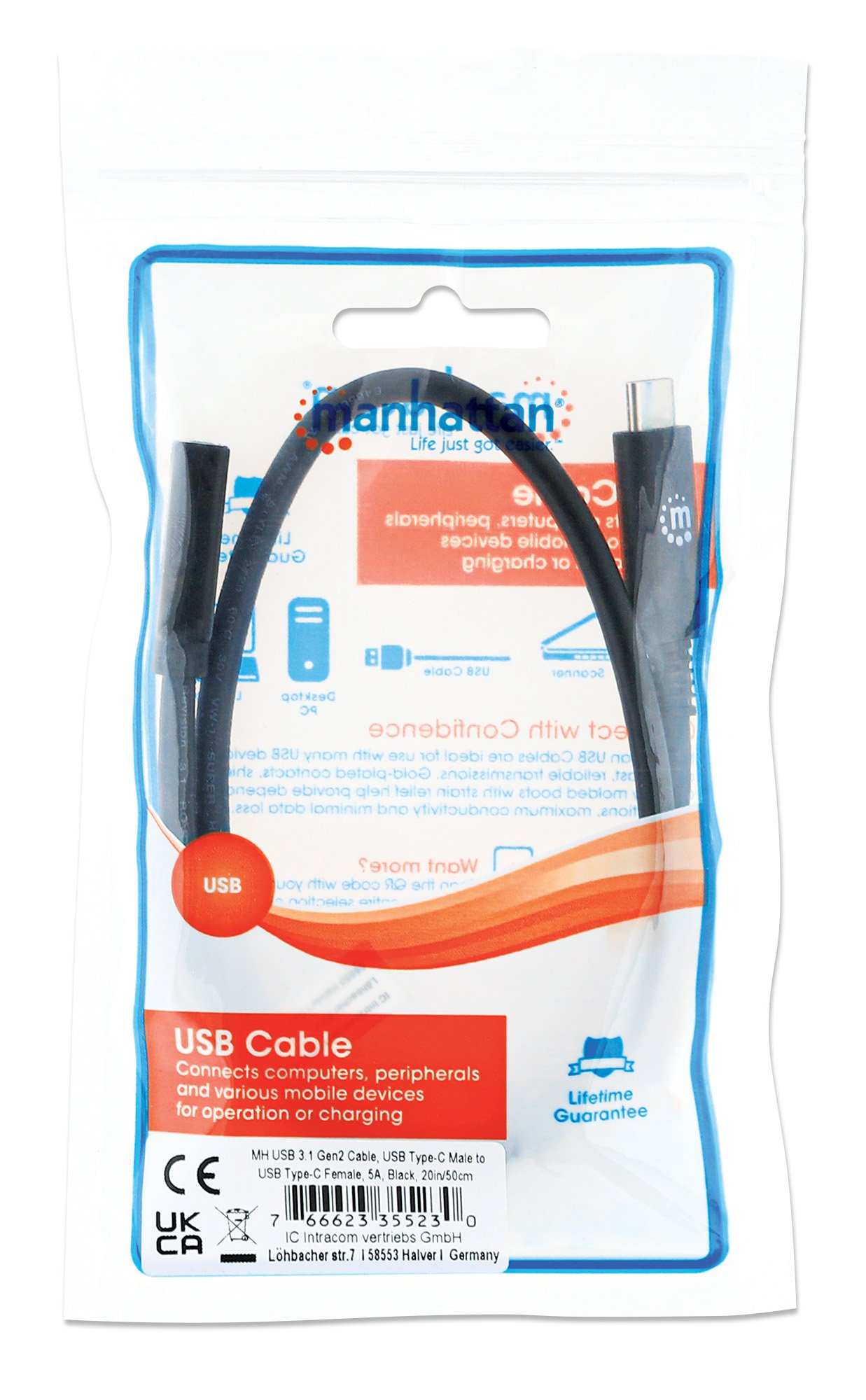 Cavo prolunga USB 3.2 Gen 2 SuperSpeed+ USB-C™ Maschio/Femmina 0,5m Nero MANHATTAN - immagine 2