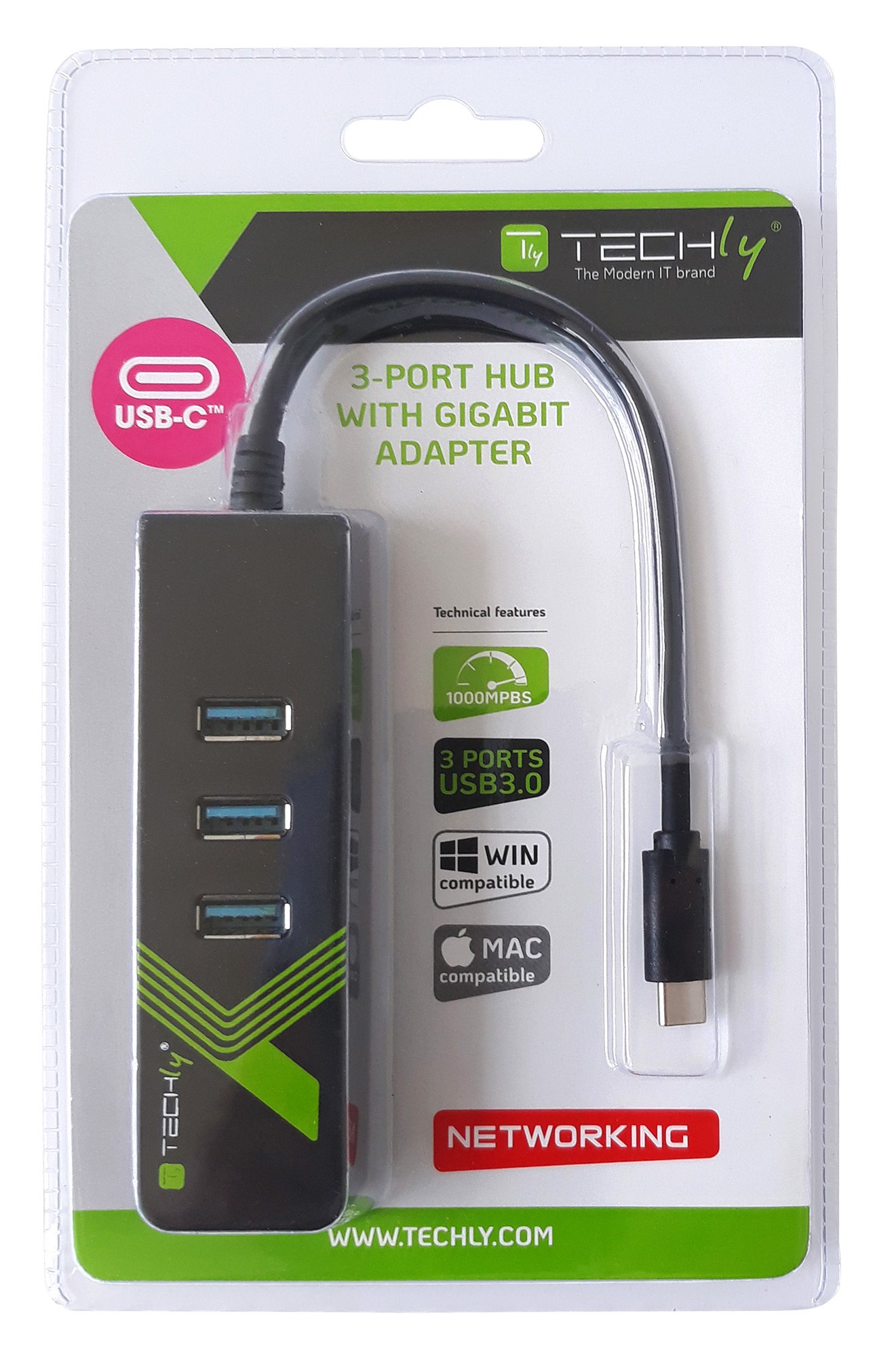 Adattatore Convertitore USB-C&trade; Ethernet Gigabit con Hub 3 porte USB-A 3.0 TECHLY - immagine 2