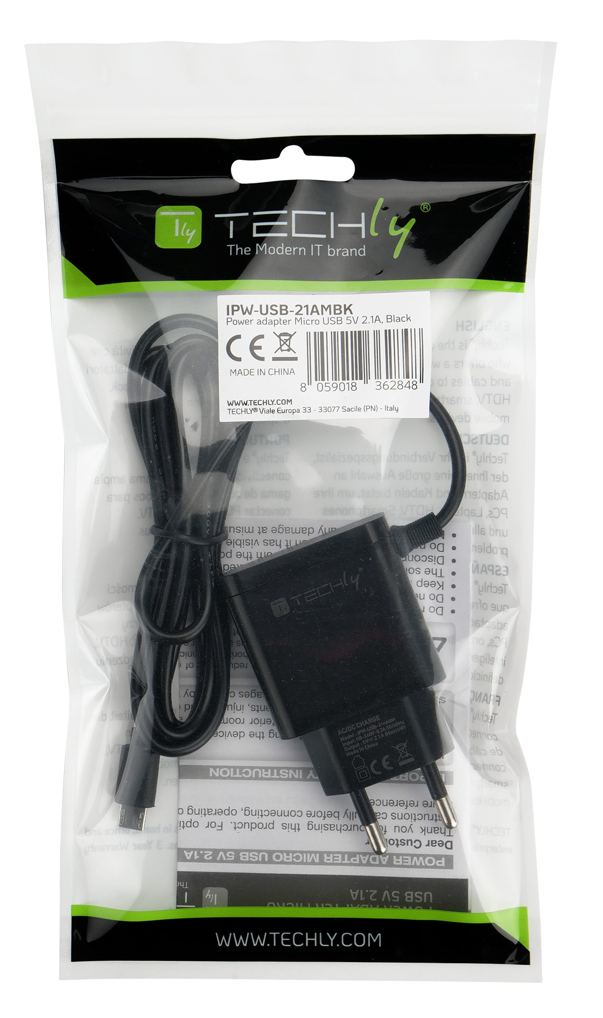 Caricabatterie Alimentatore Micro USB 5V 2.1A per Smartphone Tablet Nero TECHLY - immagine 2