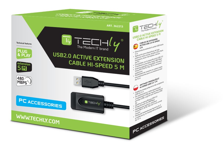Cavo Prolunga Attivo Extender USB Hi Speed Estensore di Segnale 5m Nero TECHLY - immagine 2