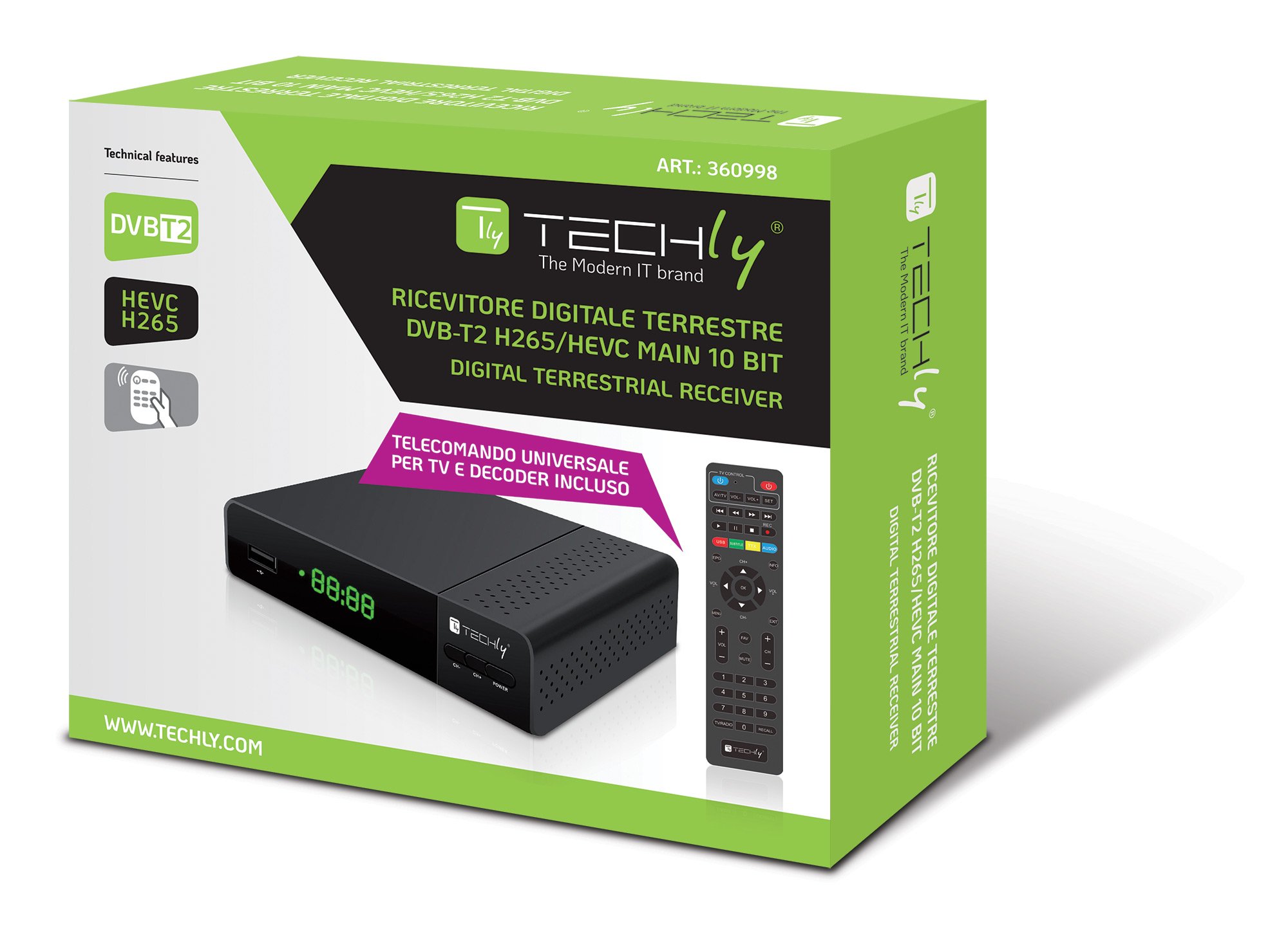 Decoder Ricevitore Digitale Terrestre DVB-T/T2 H.265 HEVC 10bit con Display e Telecomando Universale 2 in 1 TECHLY - immagine 2