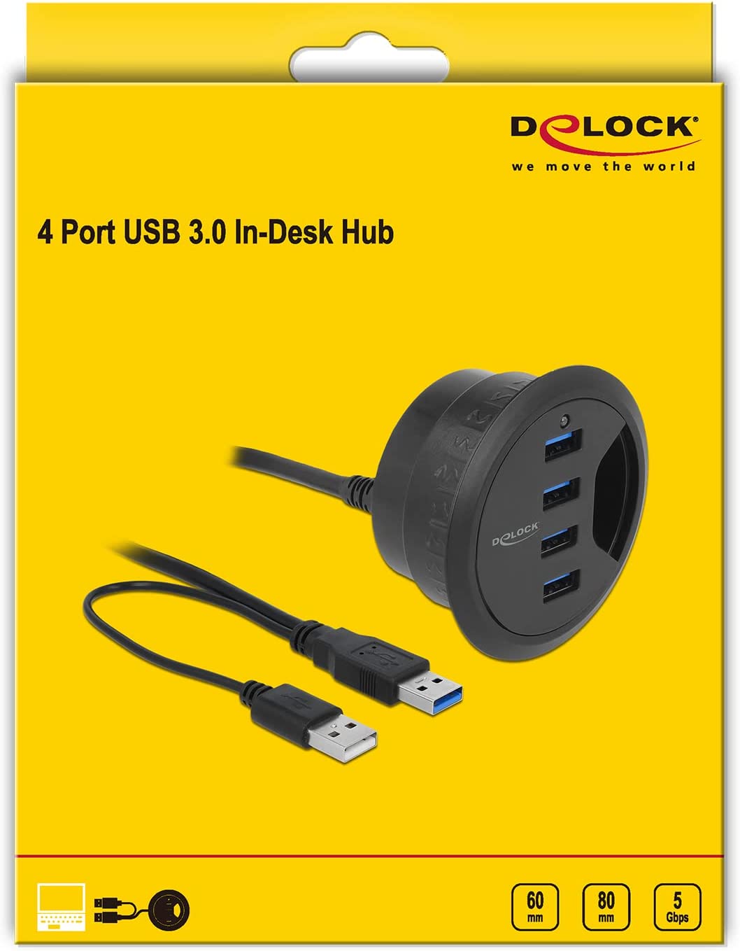 Hub USB 3.0 4 porte In-Desk Diametro 6 e 8 cm DELOCK - immagine 2
