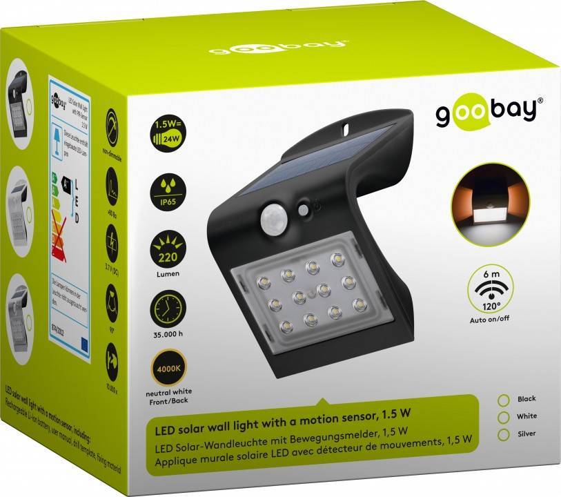 Lampada LED Solare a Muro 1,5W IP65 Sensore di Movimento Nero GOOBAY - immagine 2