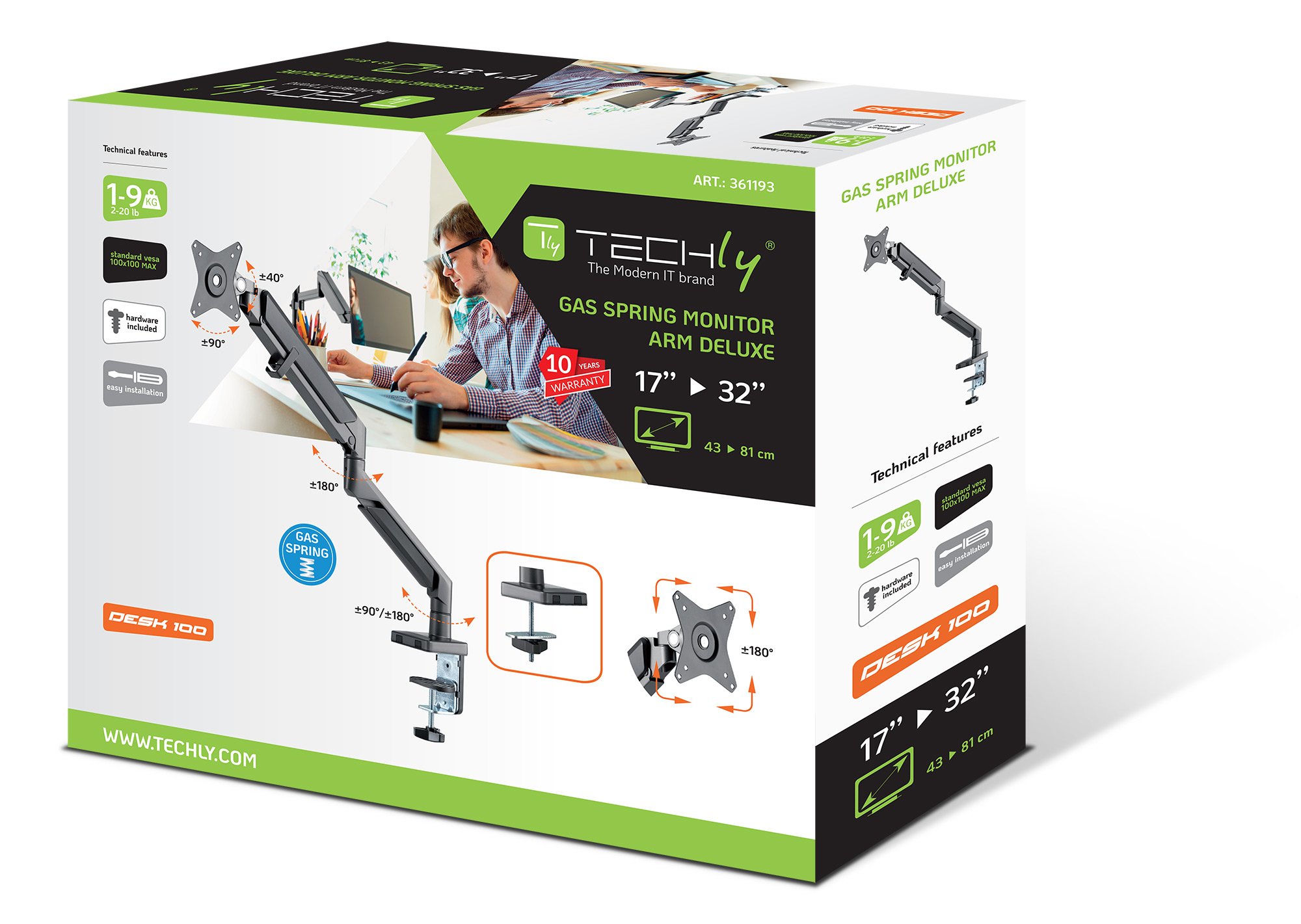 Supporto da Scrivania per Monitor LED 17-32'' con Molla a Gas Nero TECHLY - immagine 2