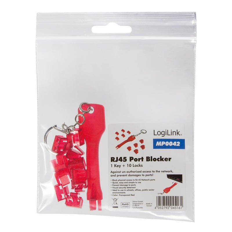 Blocca porte RJ45 rosso 10 serrature e 1 chiave LOGILINK - immagine 2
