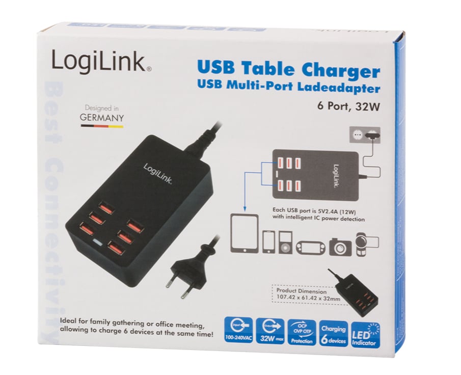 Caricatore da Tavolo a 6 porte USB 32W Nero LOGILINK