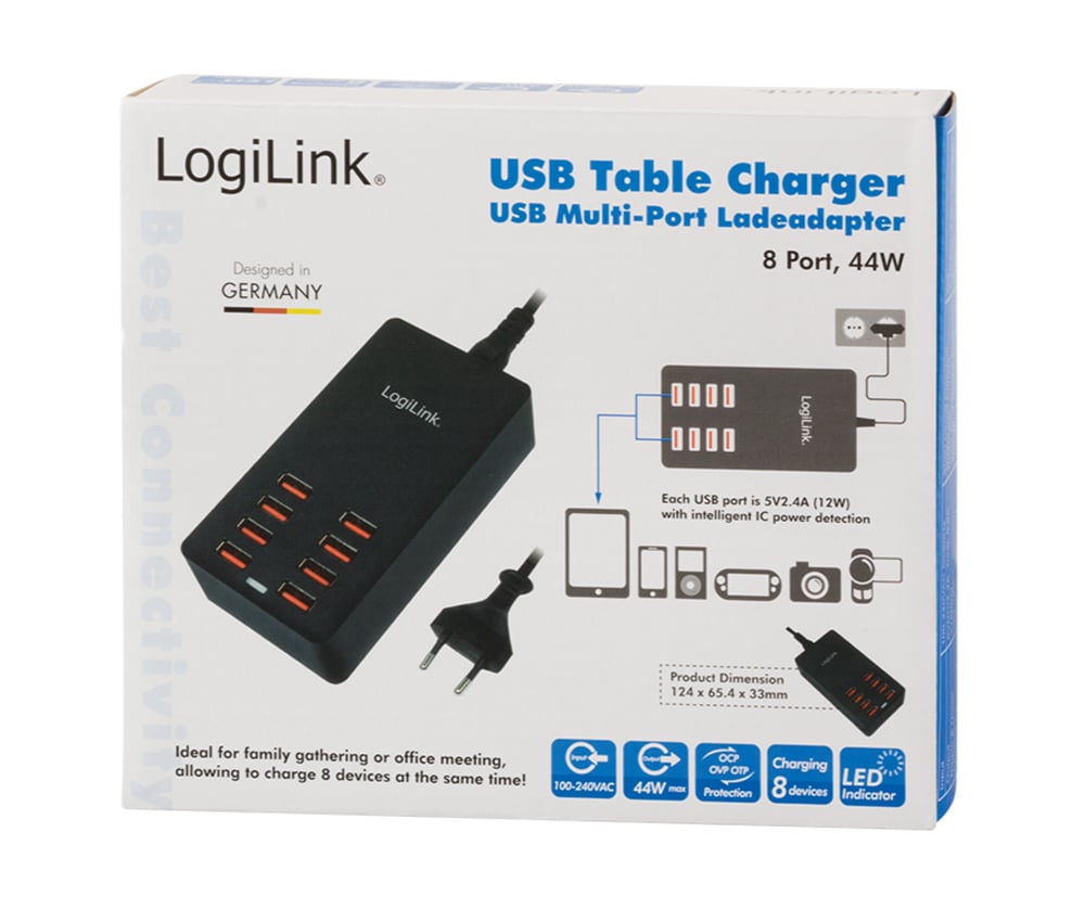 Caricatore da Tavolo a 8 porte USB 44W Nero LOGILINK - immagine 2