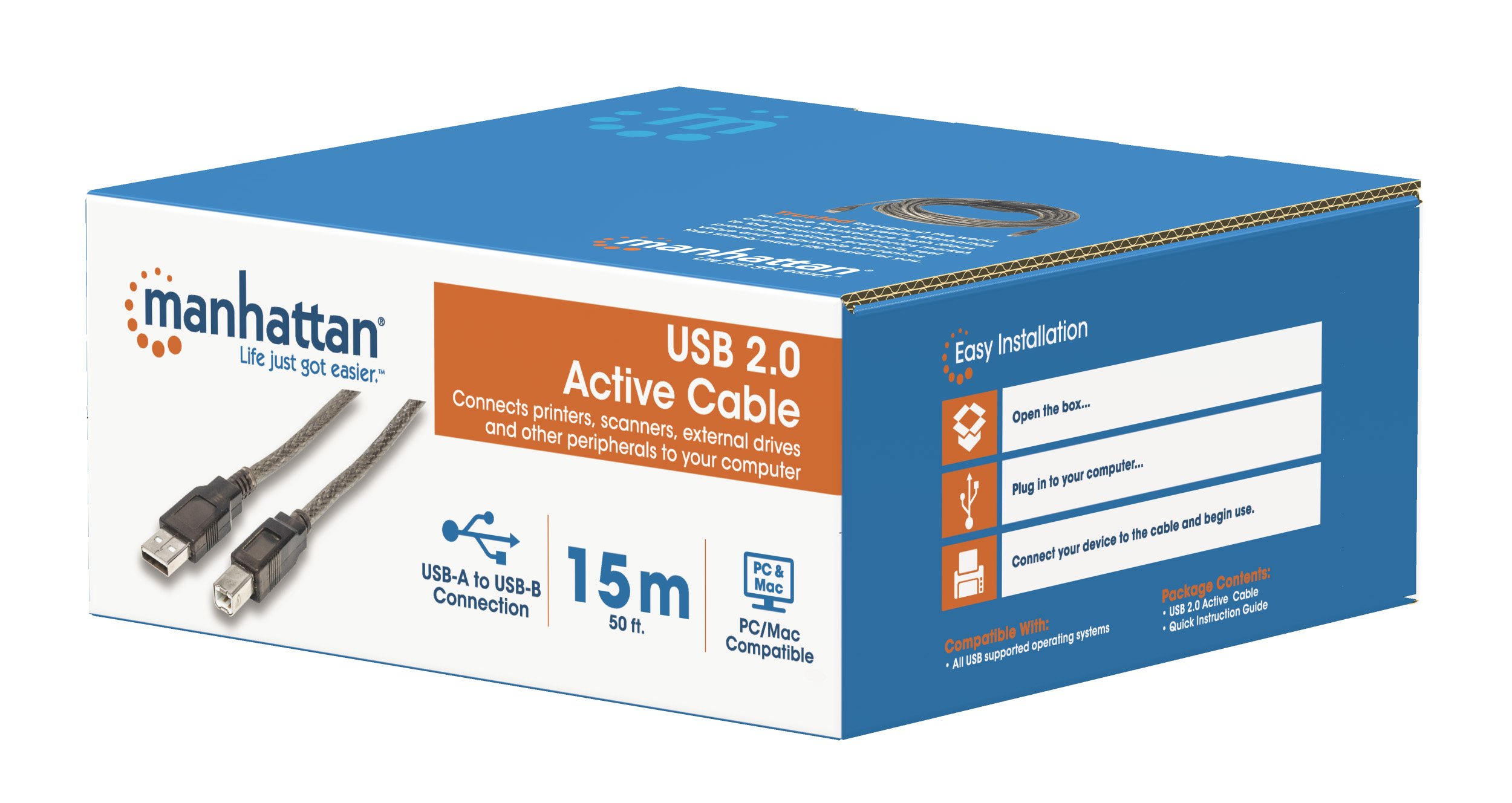 Cavo Prolunga Attivo USB 2.0 Hi-Speed A M / B M 15m Nero MANHATTAN - immagine 2