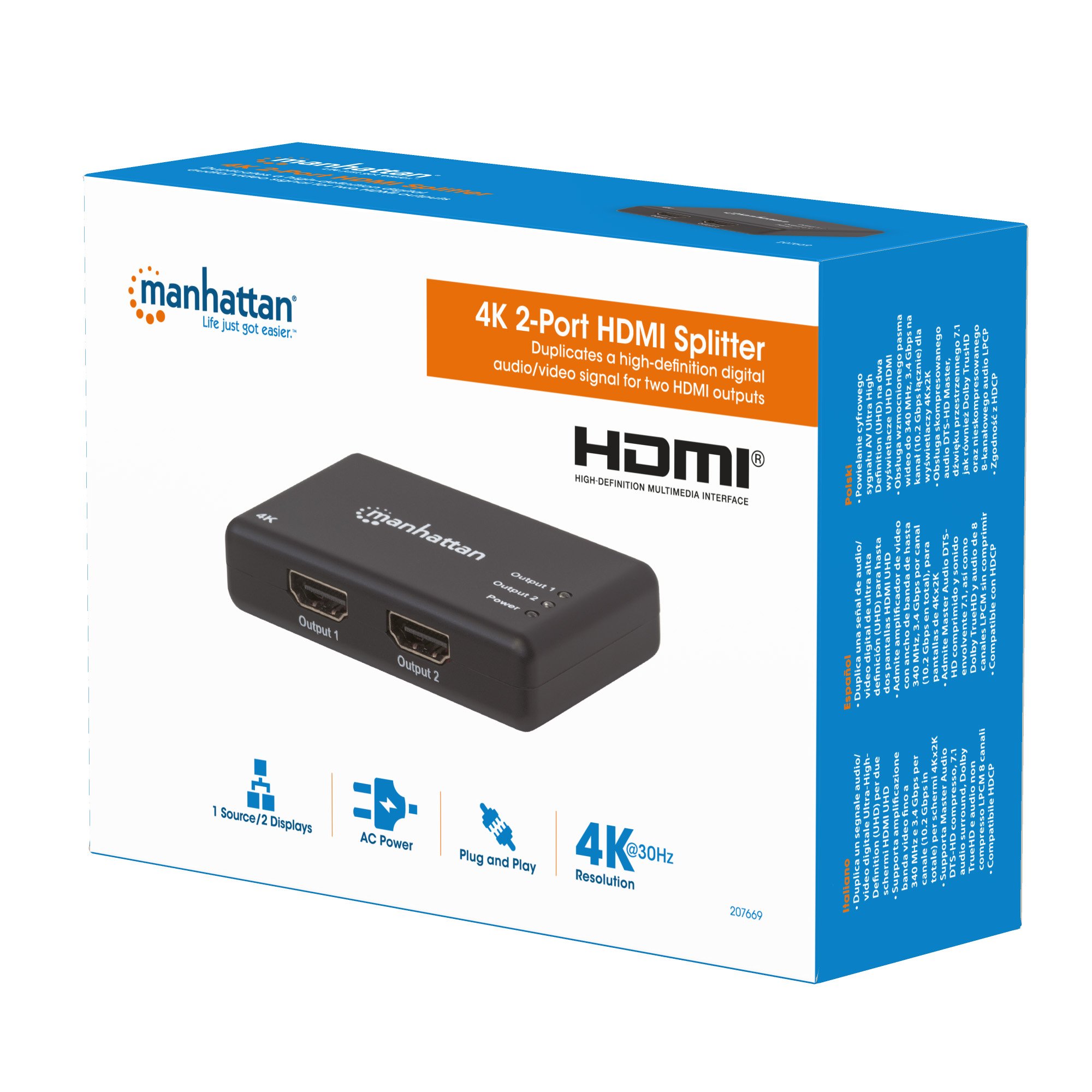 Splitter HDMI 4K UHD 3D con LED 2 vie MANHATTAN - immagine 2