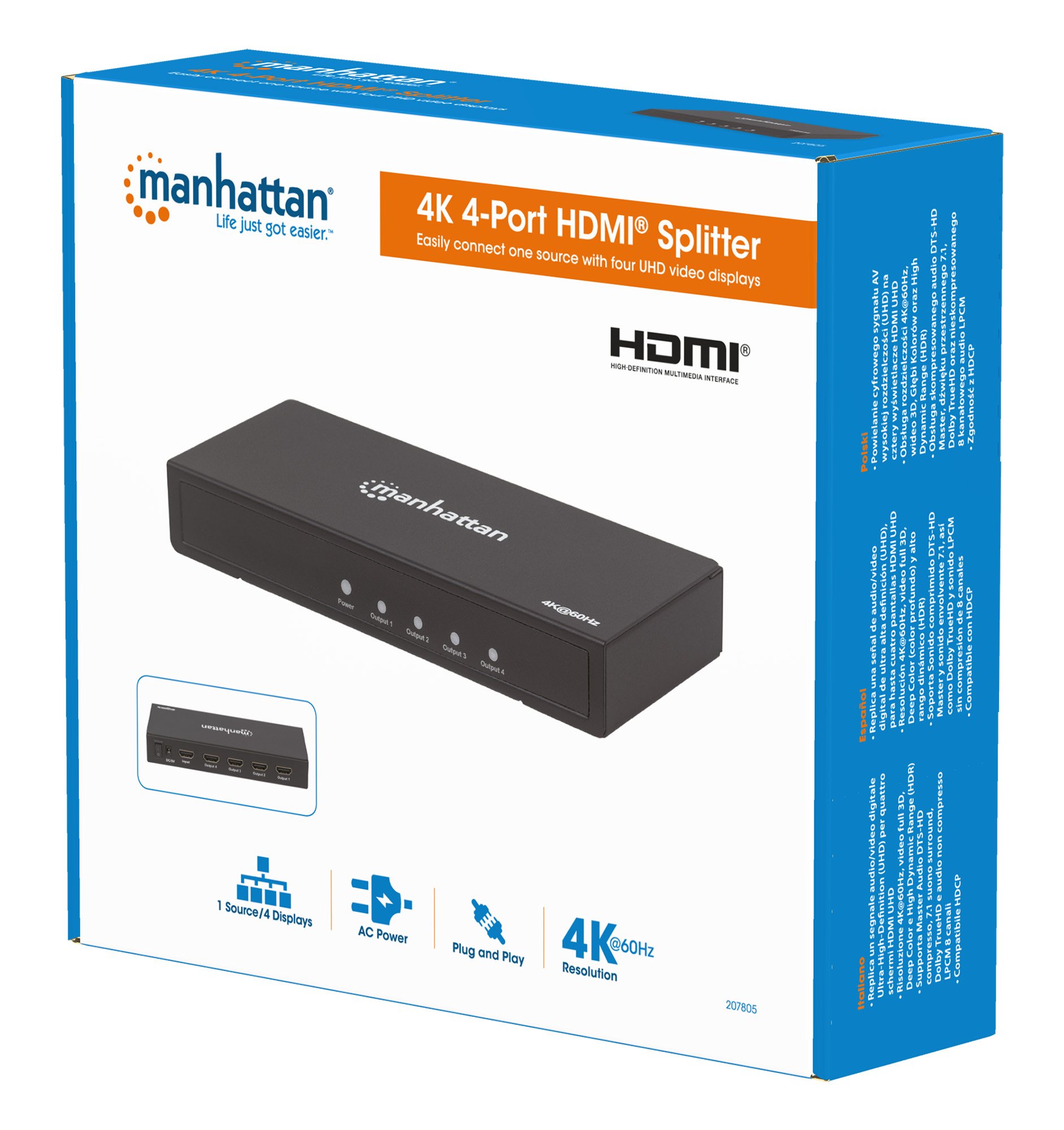 Splitter HDMI 2.0 4K UHD 3D 4 vie MANHATTAN - immagine 2