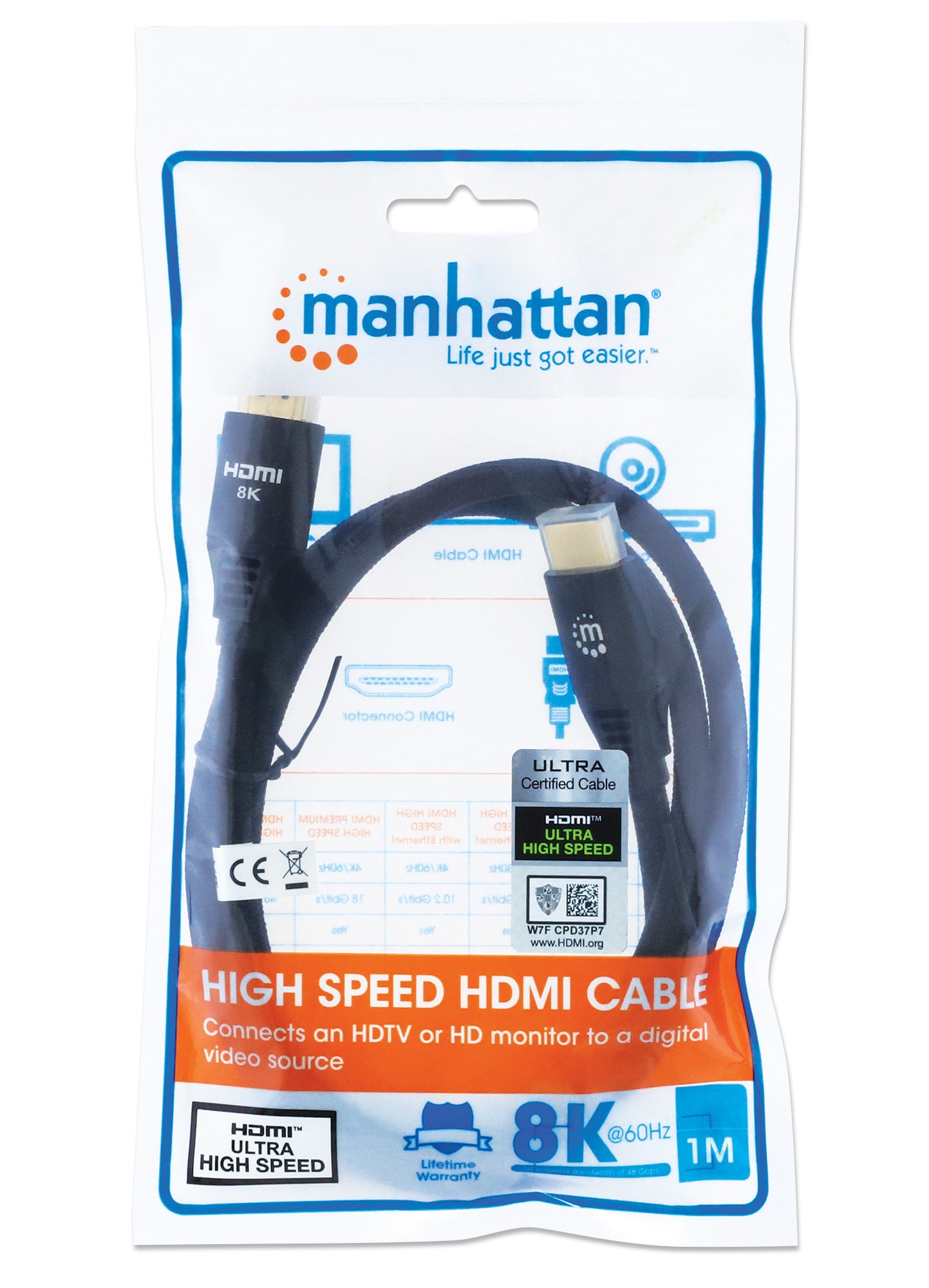 Cavo HDMI con Ethernet ad Altissima Velocità Certificato 8K@60Hz eARC 1m MANHATTAN - immagine 2