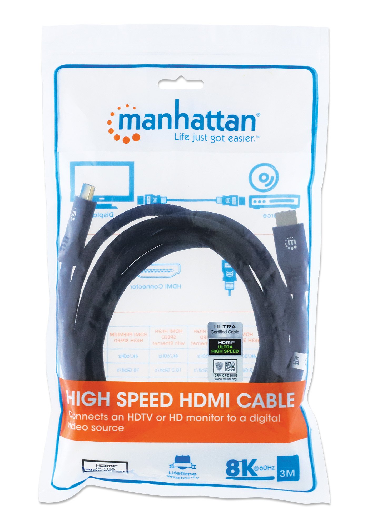 Cavo HDMI con Ethernet ad Altissima Velocità Certificato 8K@60Hz eARC 3m MANHATTAN - immagine 2
