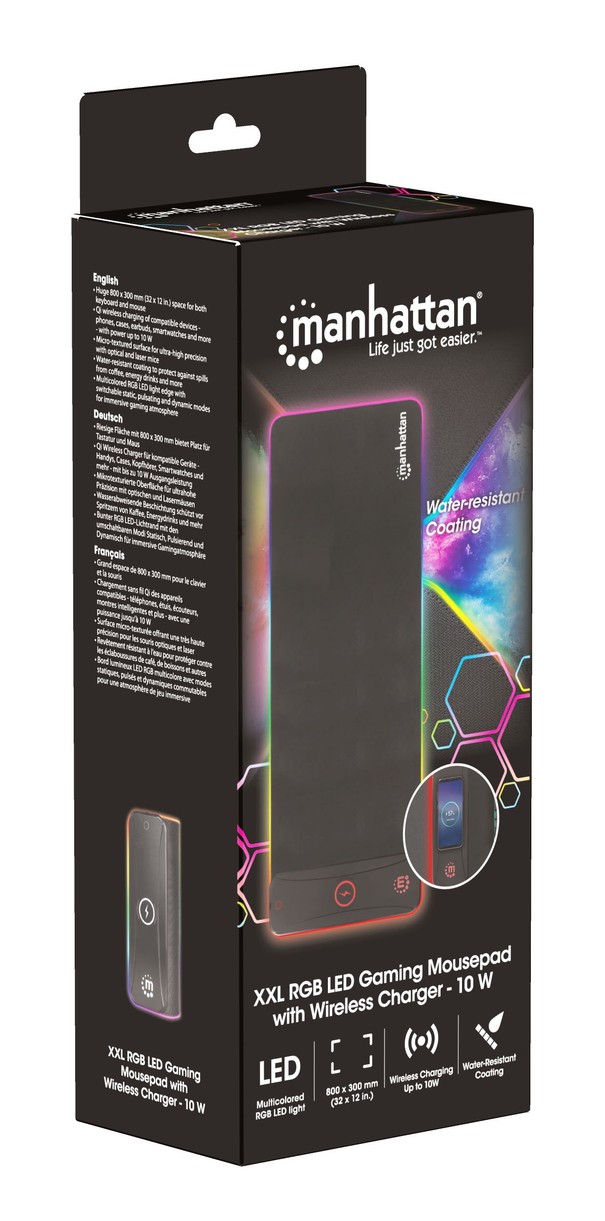 Tappetino Mouse Gaming XXL con LED RGB e Caricatore Wireless 10W MANHATTAN - immagine 2