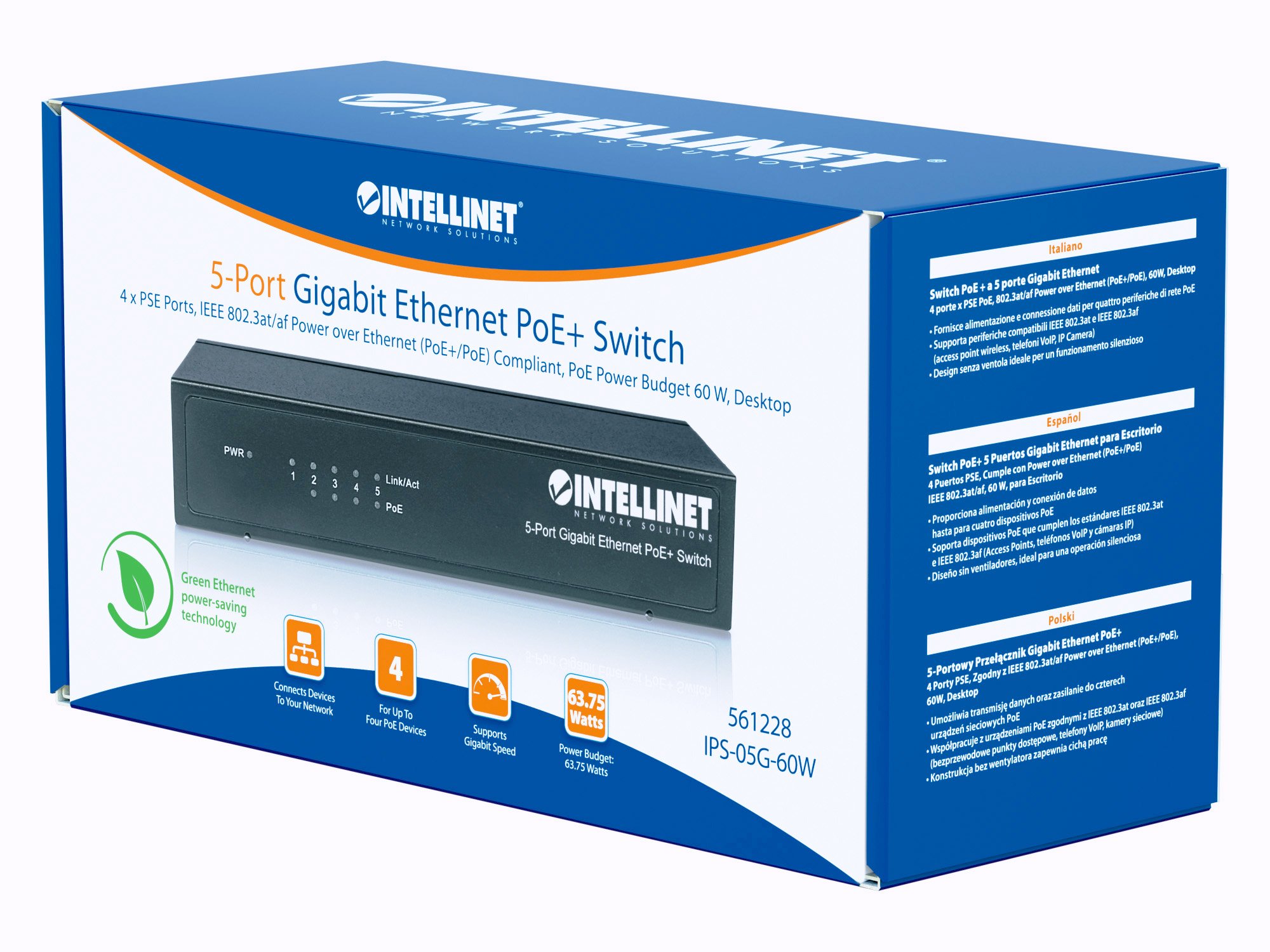 Switch PoE+ 5 porte Gigabit Ethernet INTELLINET - immagine 2