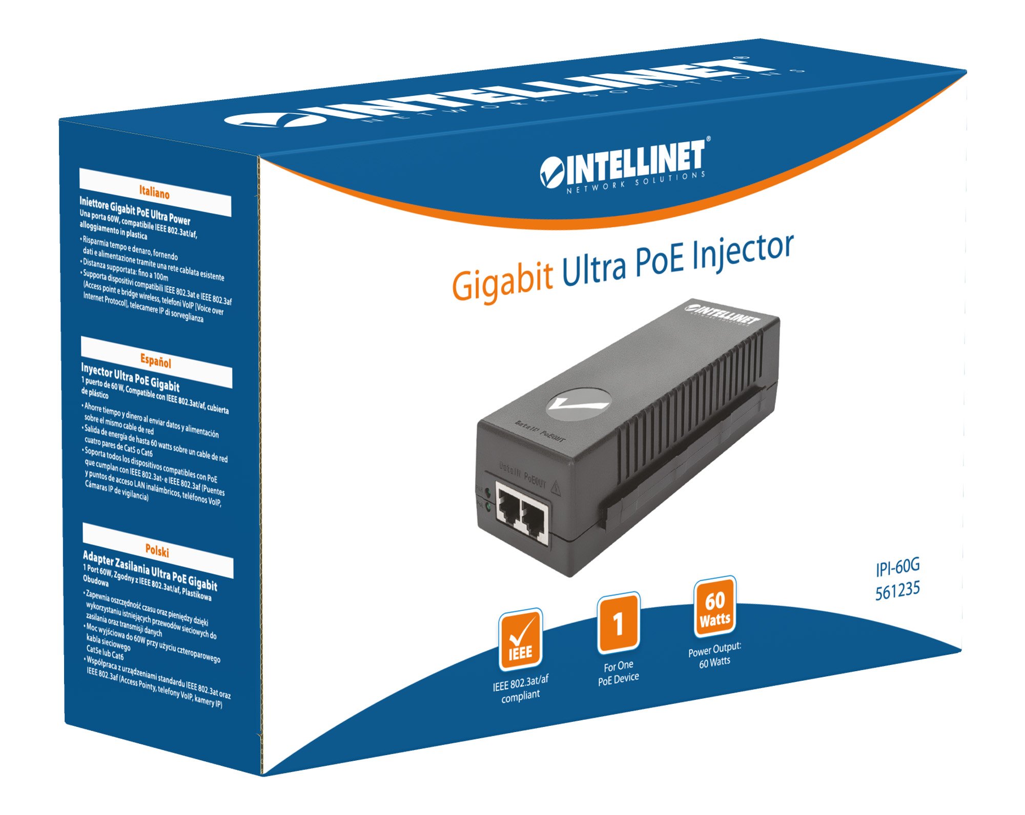 Iniettore Gigabit PoE+ Ultra Power 100m INTELLINET - immagine 2