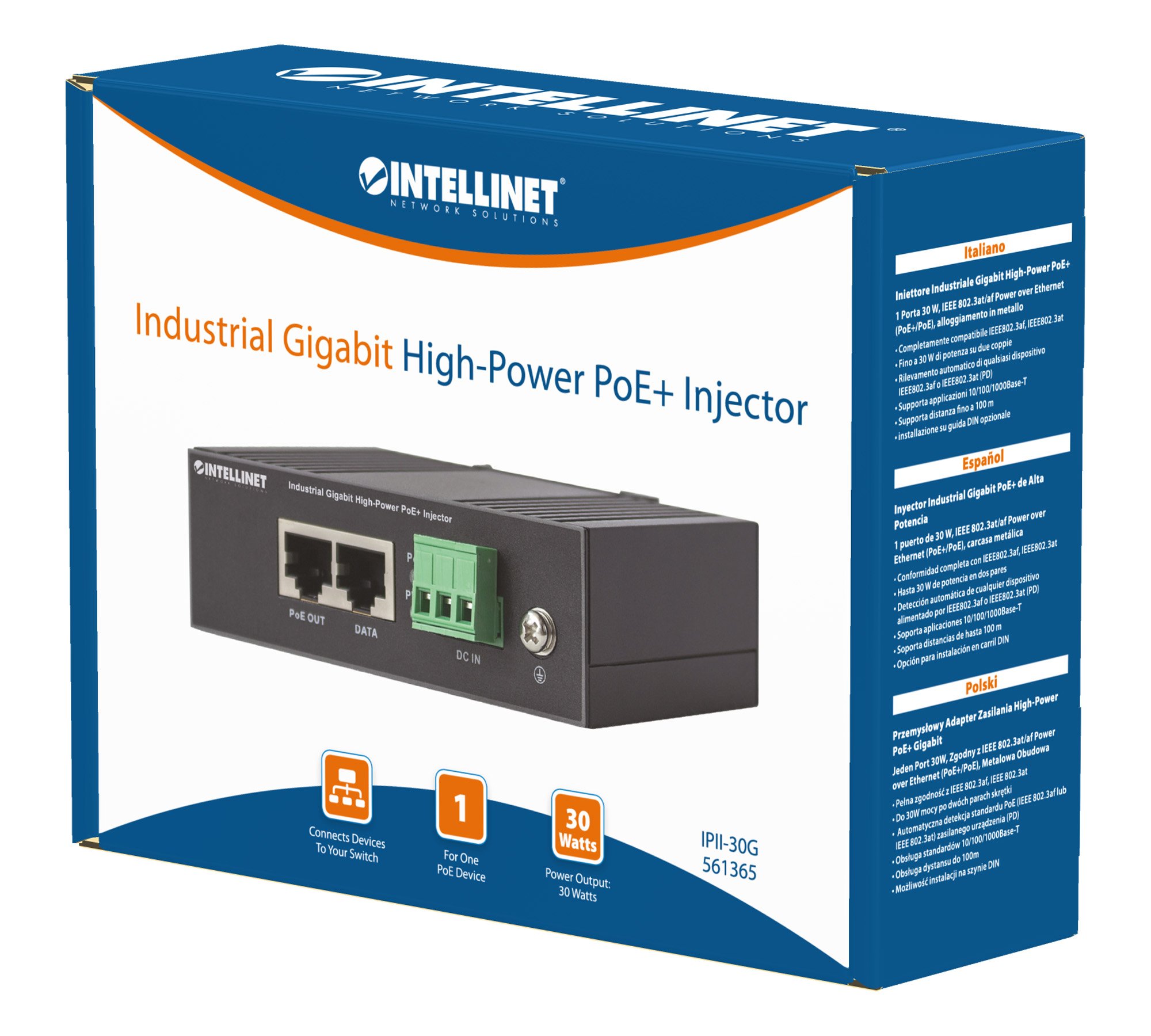 Iniettore Industriale per Guida DIN Gigabit High-Power PoE+ 30W INTELLINET - immagine 2