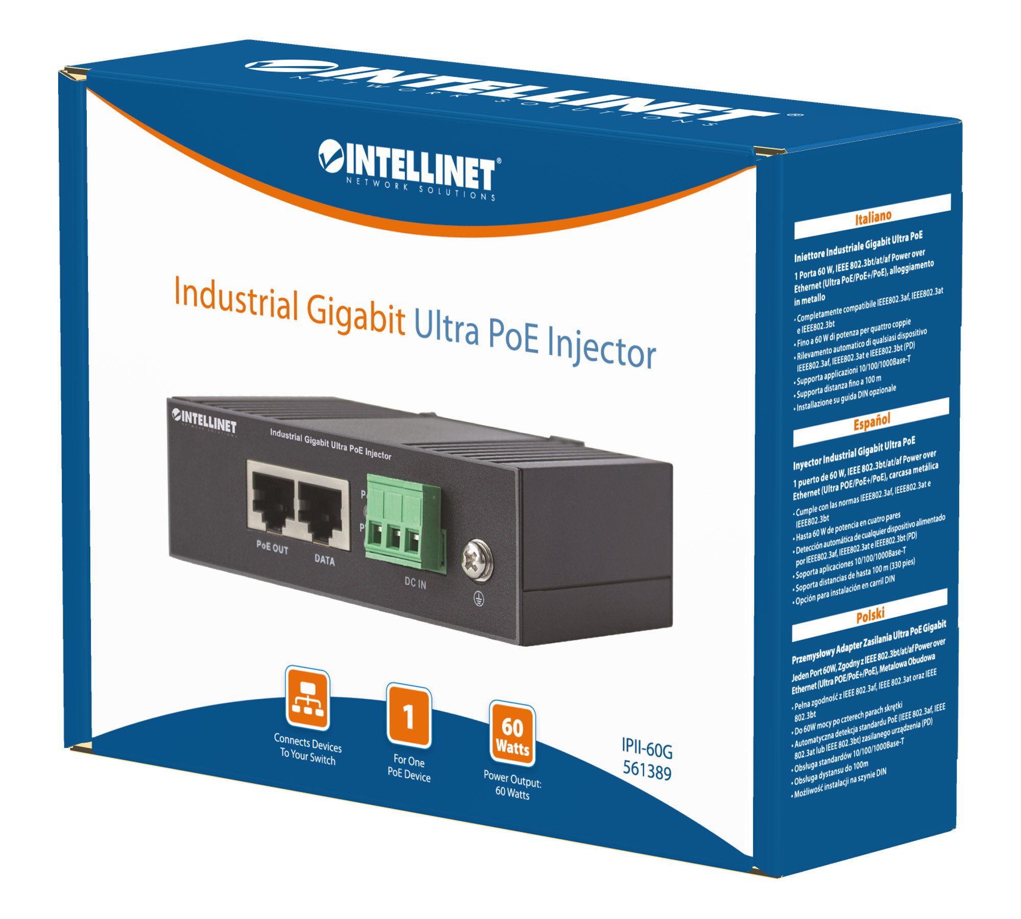 Iniettore Industriale per Guida DIN Gigabit Ultra PoE 60W INTELLINET - immagine 2