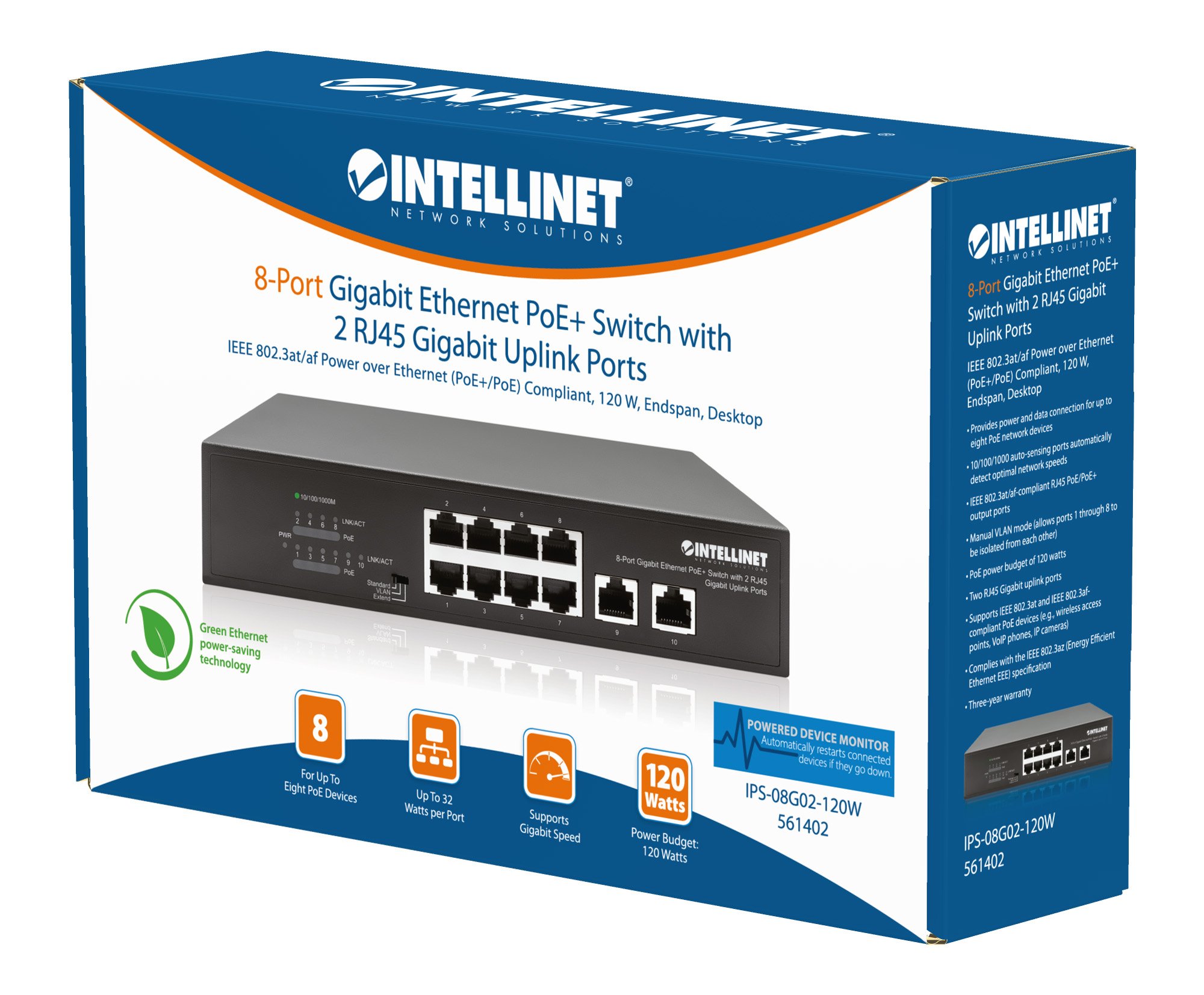 Switch Ethernet Gigabit 8 Porte PoE+ con 2 porte RJ45 Gigabit Uplink INTELLINET - immagine 2