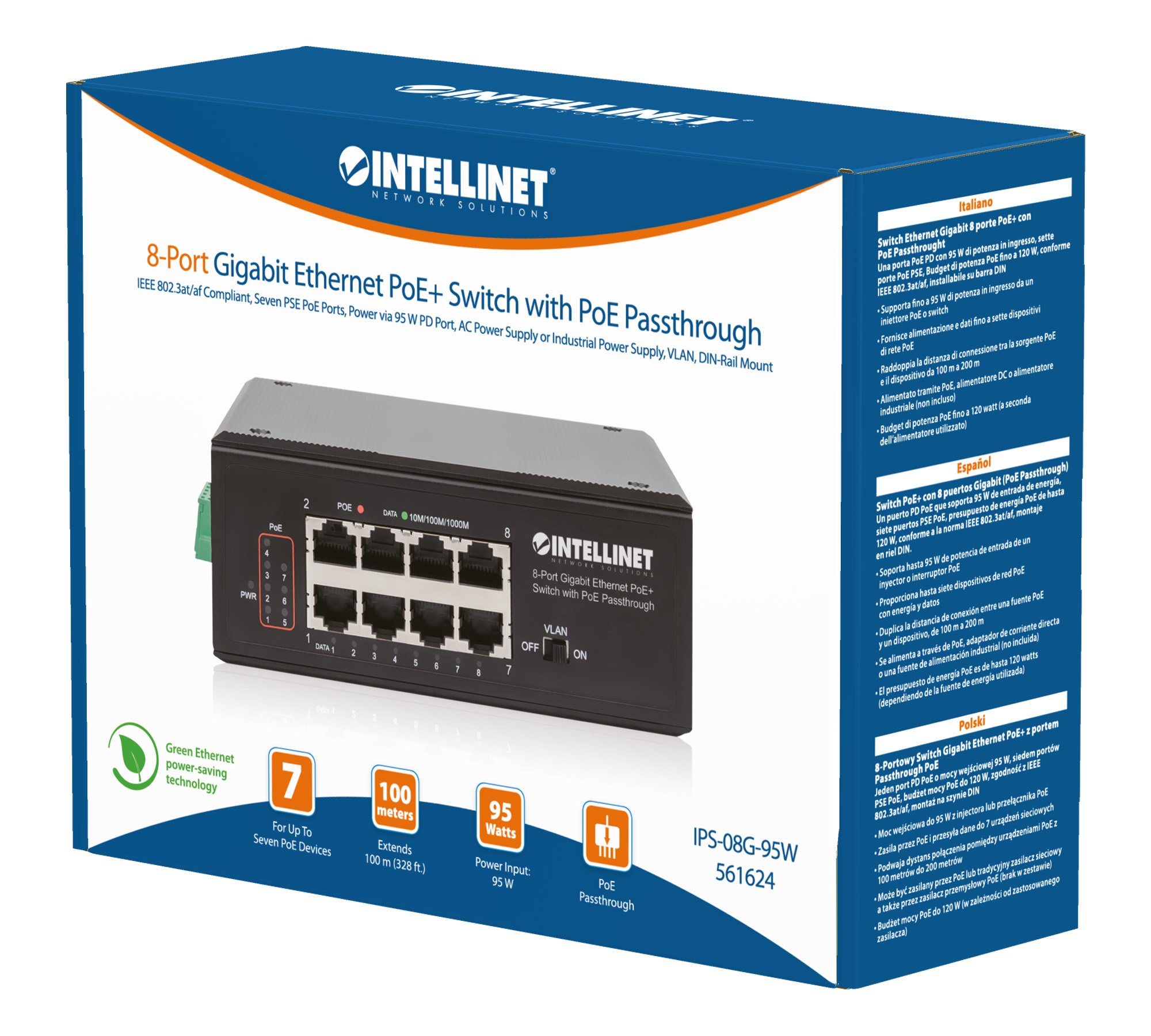 Switch Ethernet Gigabit 8 porte PoE+ con PoE Passante INTELLINET - immagine 2