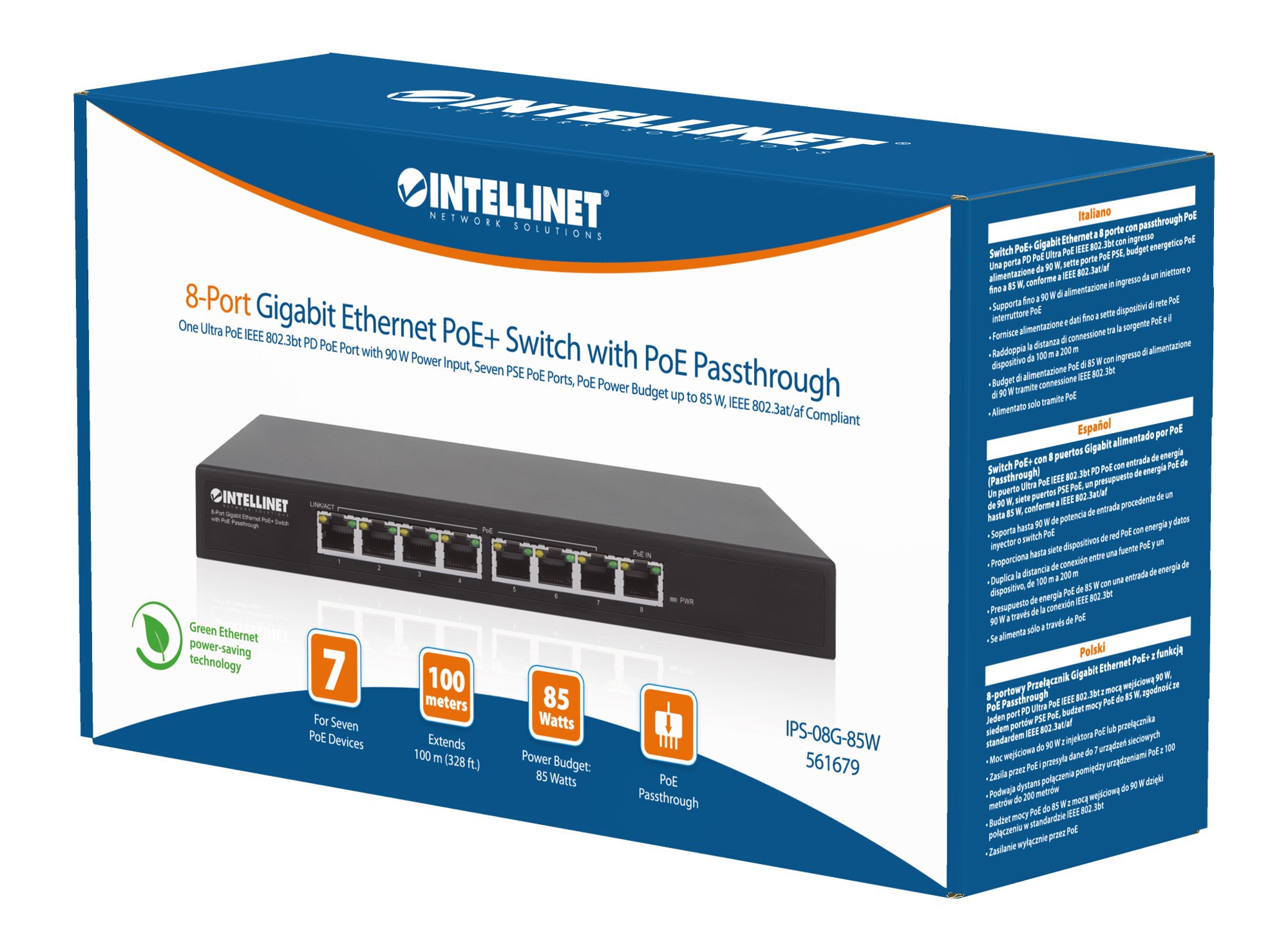 Switch PoE+ Gigabit Ethernet a 8 porte con passthrough PoE INTELLINET - immagine 2