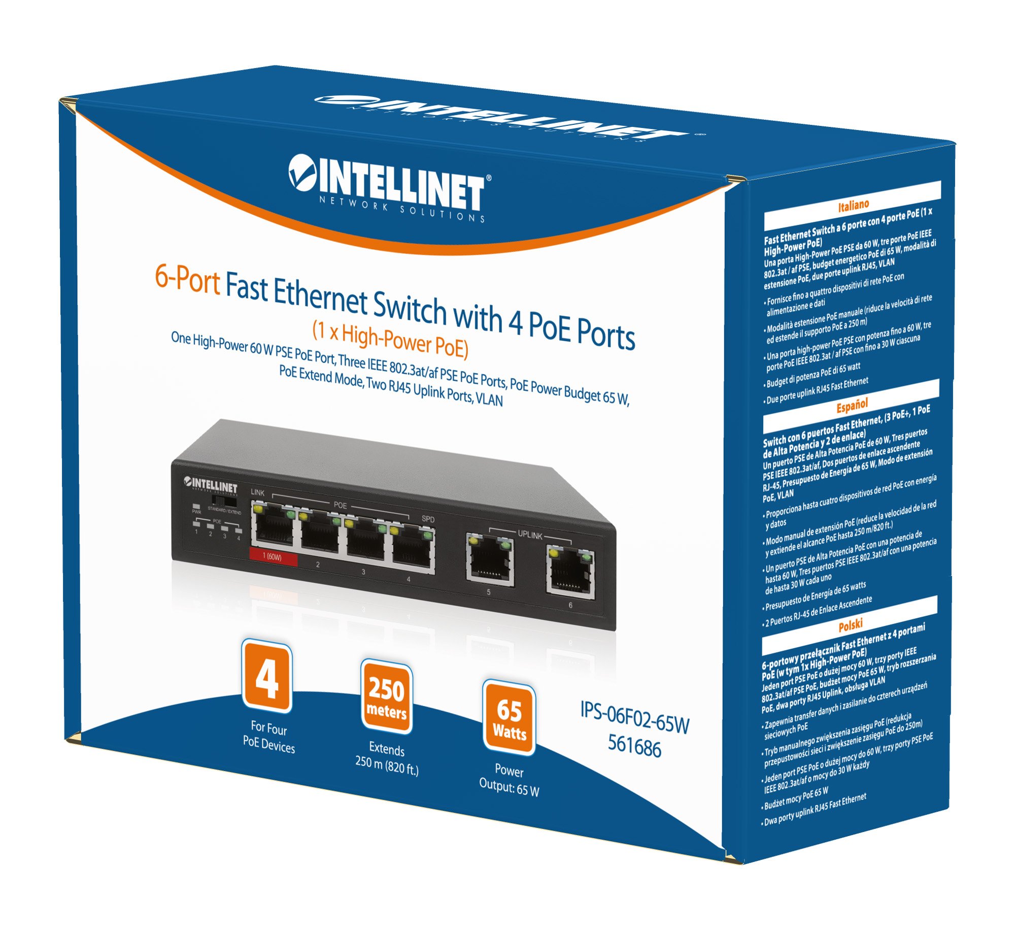 Fast Ethernet Switch a 6 porte con 4 porte PoE (1 x High-Power PoE) INTELLINET - immagine 2