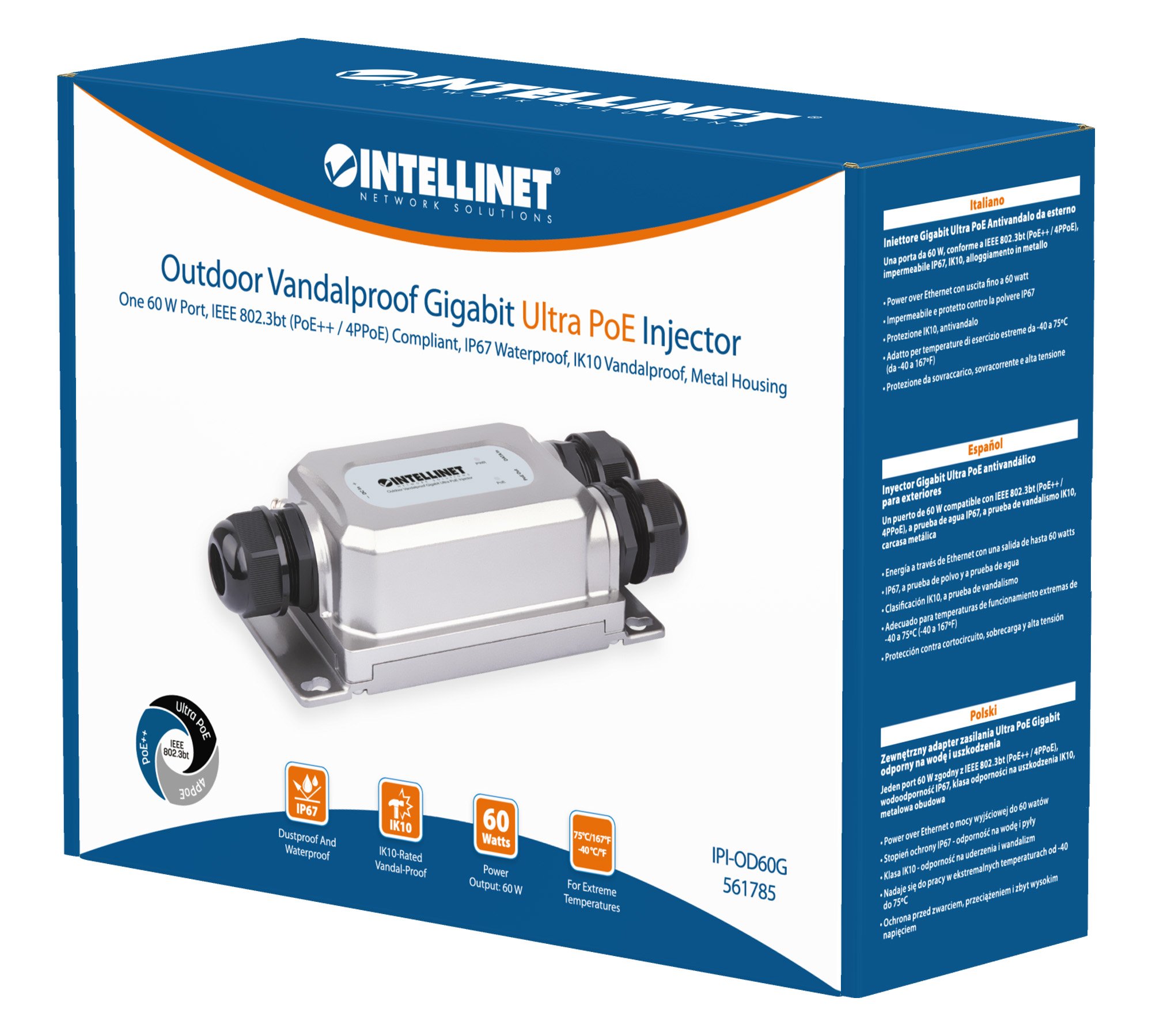 Iniettore Gigabit Ultra PoE Antivandalo da Esterno INTELLINET - immagine 2