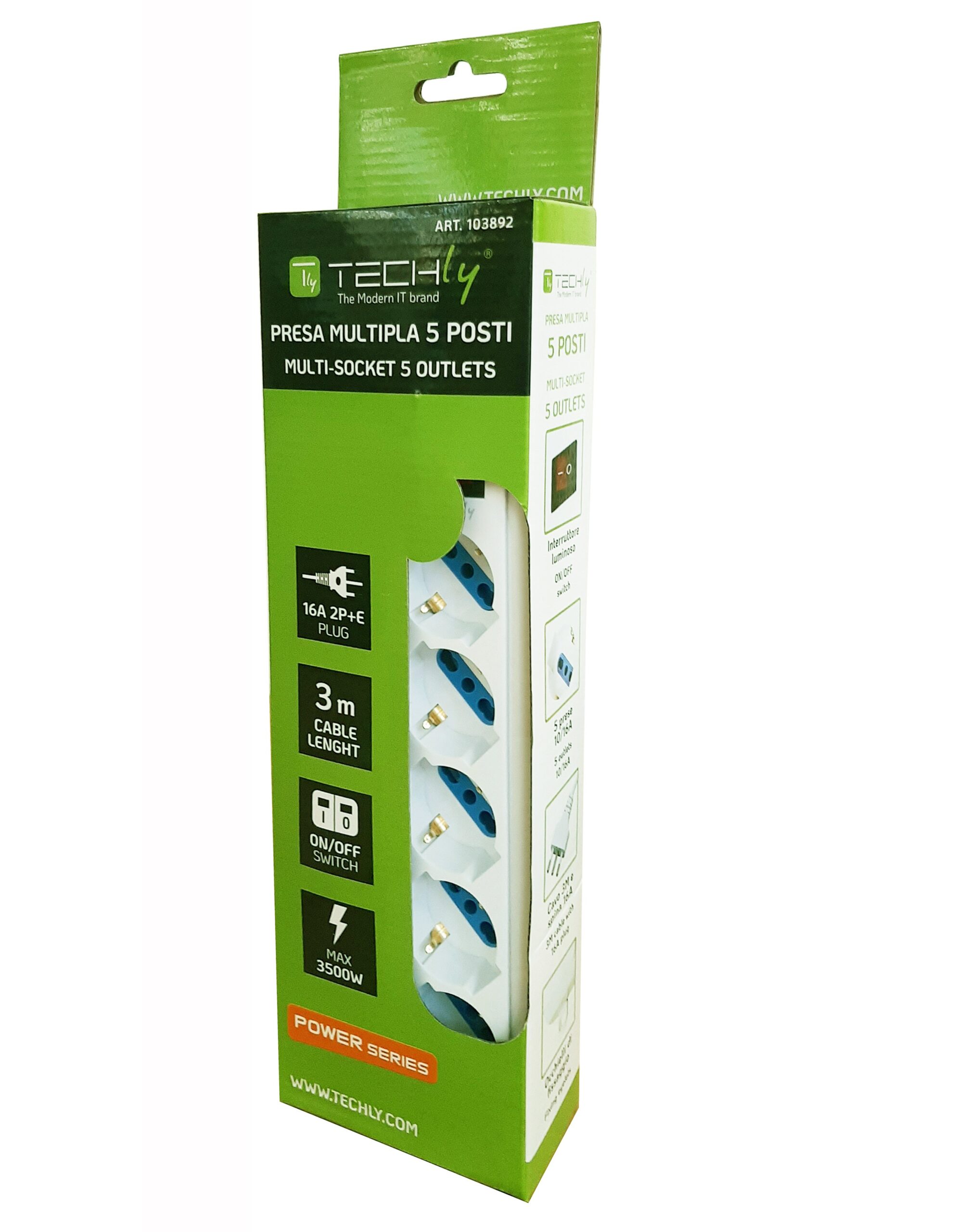 Multipresa 5 Posti Italiana Bipasso / Schuko Cavo 3 metri TECHLY - immagine 2