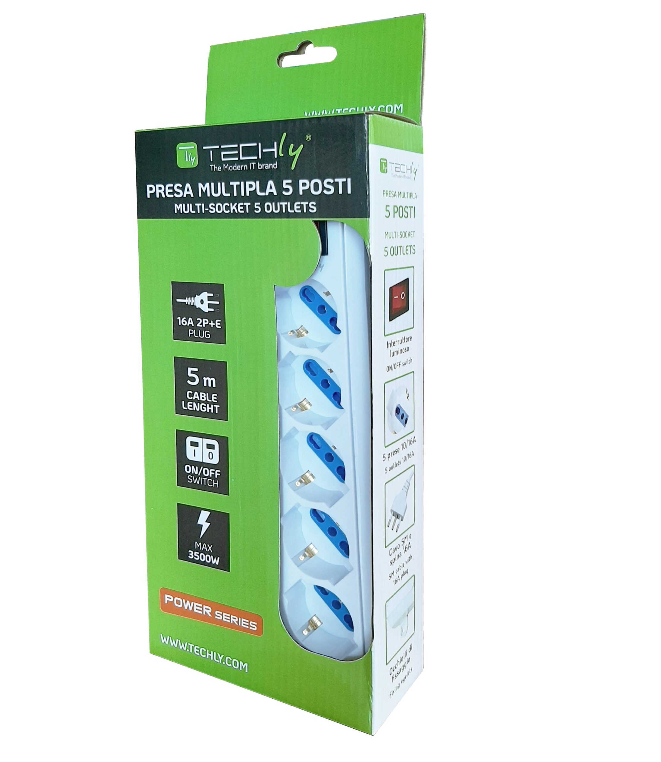 Multipresa 5 Posti Italiana Bipasso / Schuko Cavo 5m TECHLY - immagine 2